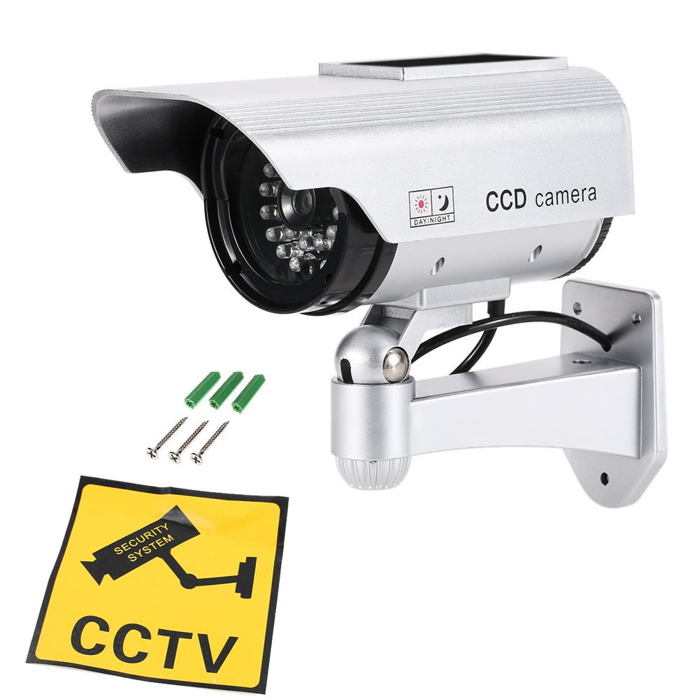 JUSTOP 4 Pack Fake Security Camera Outdoor Indoor Waterproof Dummy CCTV with Realistic LED Light - Solar & Battery Powered Silver - Ideal for Home, Office, and Business Surveillance