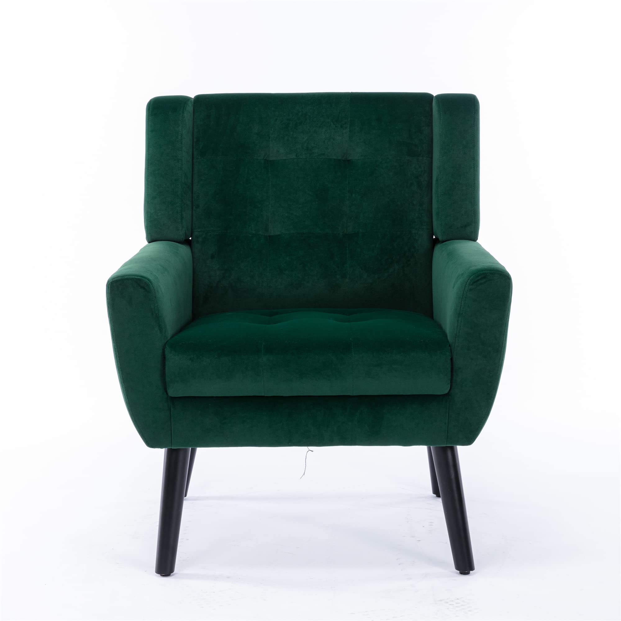 Modern Upholstered Button Tufted Accent Chair with Black Legs - Linen Fabric Armchair for Living Room & Bedroom - Ergonomic Retro Green Sofa Chair for Home Decor, Reading Nook, or Cozy Corner