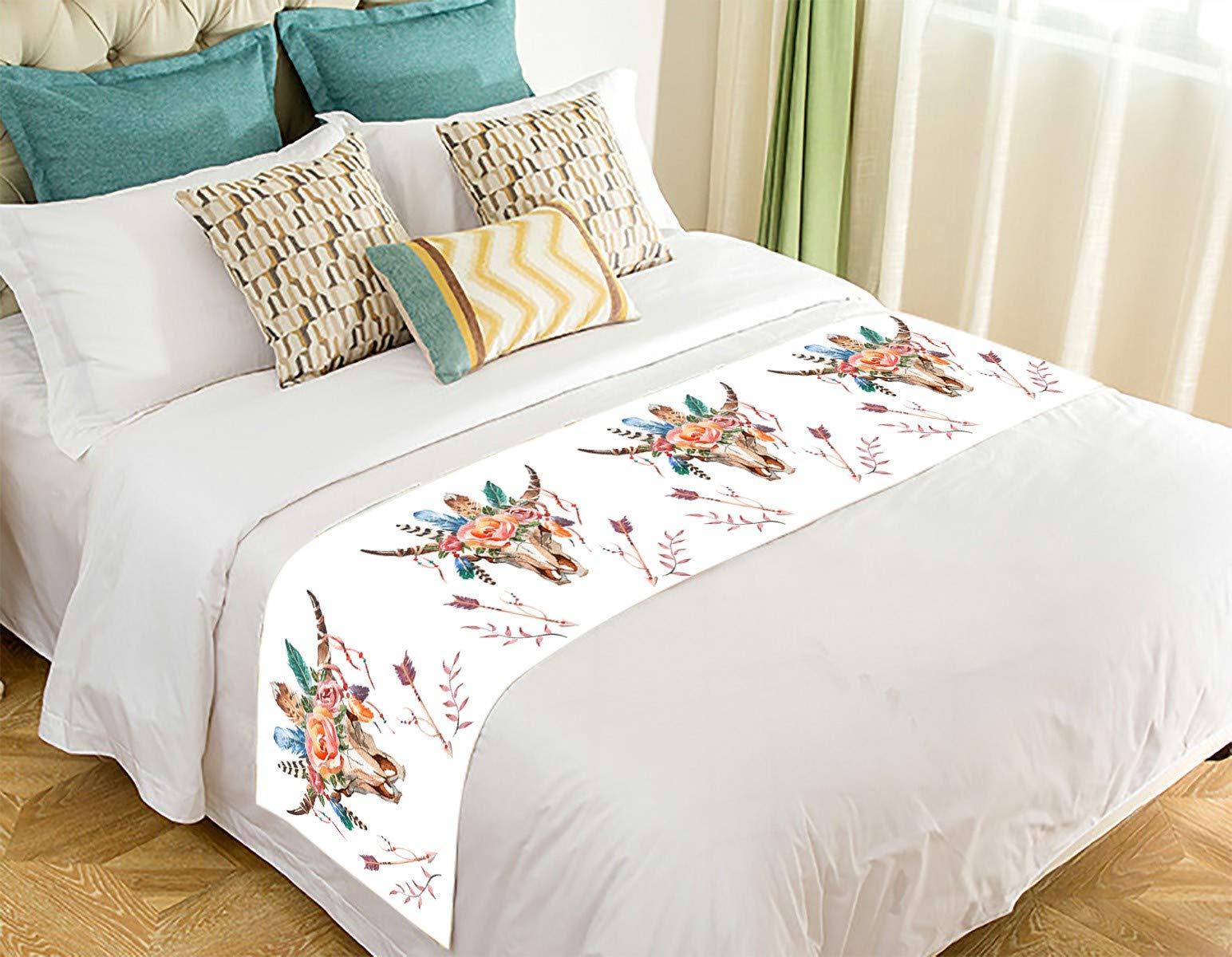 ECJZNT Floral Feather Skull Bed Runner Scarf - 20x95 Inch Bohemian Bed Decor for Home, Bedroom, Dorm, or Wedding Aisle Decoration