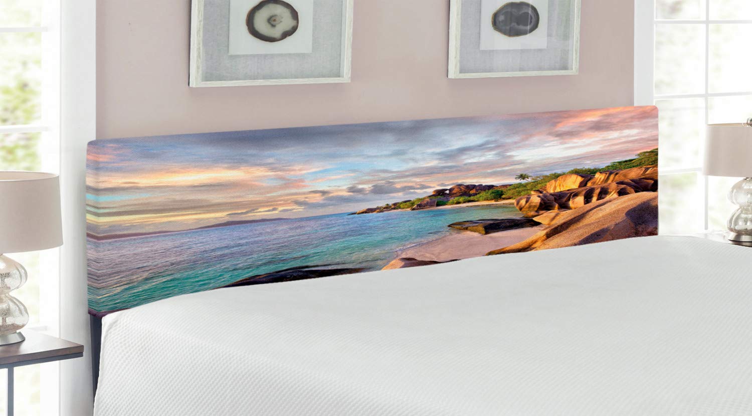 Ambesonne King Size Upholstered Beach Headboard - Tropical Sunset Island Photo with Majestic Sky, Decorative Metal Bed Frame with Memory Foam (Cream Blue) - Perfect for Coastal Bedroom Decor, Vacation Home, or Beach-Themed Guest Room