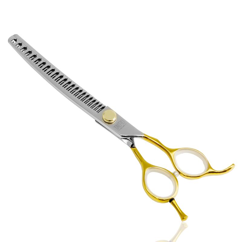 Tauro Pro Line Hair Cutting Scissors - 440C Stainless Steel, Golden Handles, 23 Teeth Curved Chunker Shears by Janita J. Plunge | Professional Salon & Home Haircutting Tool