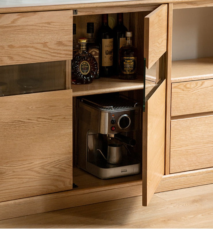 Oak Solid Wood Nordic Sideboard with Slate Top - Modern Buffet Cabinet for Dining Room, Living Room & Entryway Storage