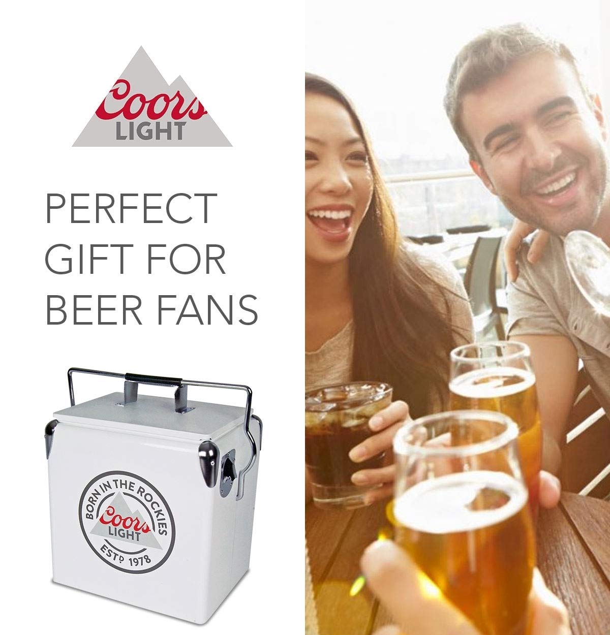 Coors Light Retro Ice Chest Cooler 13L (14 qt) - 18 Can Capacity, White & Silver Vintage Style Cooler with Bottle Opener | Perfect for Camping, Beach, Picnics, RV Trips, BBQs, Tailgating & Fishing Parties