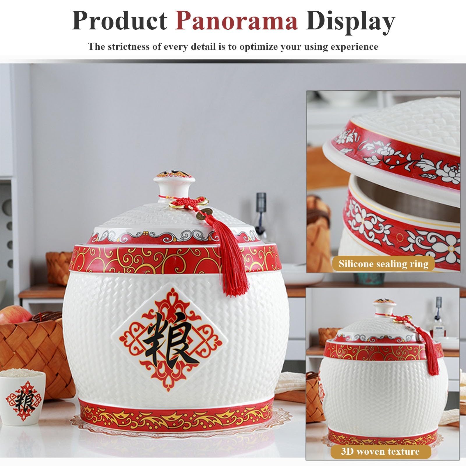 Premium Ceramic Rice Storage Jar with Lid - Traditional Chinese Style Food Container for Cereal, Flour, Sugar, Coffee | Airtight Kitchen Organizer (21x21x27cm) - Perfect for Pantry, Countertop & Asian-Inspired Home Decor