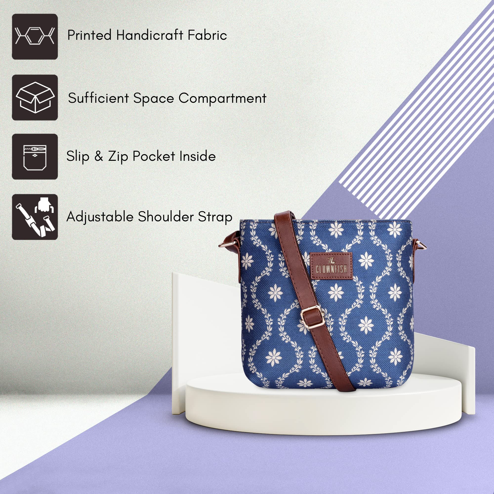 THE CLOWNFISH Aahna Printed Handicraft Fabric Crossbody Sling Bag for Women - Adjustable Shoulder Strap, Casual & Party Purse - Perfect for College Girls, Daily Use & Special Occasions (Royal Blue)