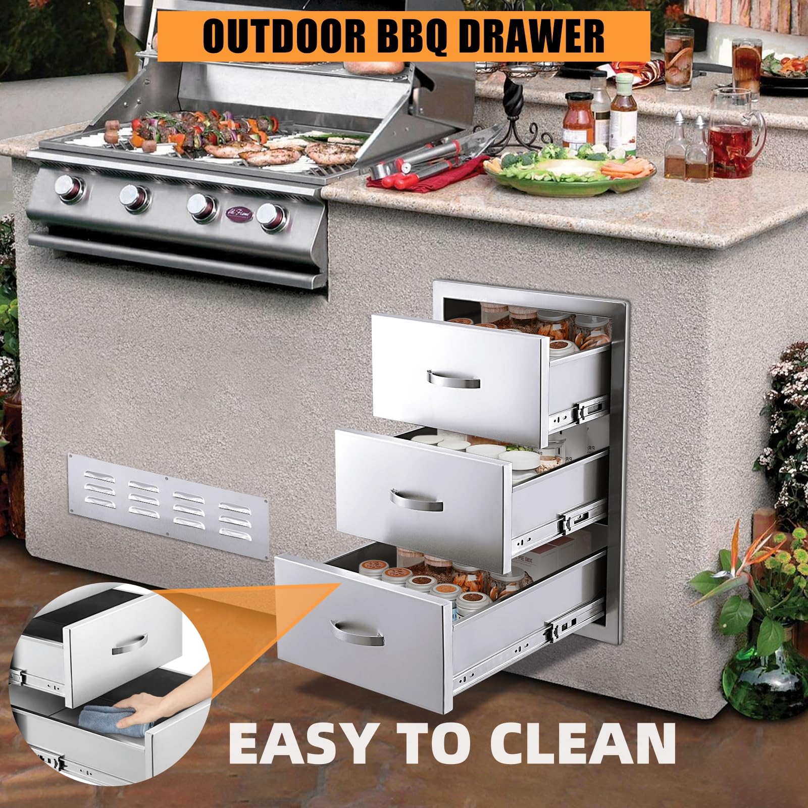 Stainless Steel Triple BBQ Storage Drawers for Outdoor Kitchen - 20W x 23D x 27H Inches Flush Mount Built-in Drawers with Venting Panel - Perfect for Kitchen Island, Patio Grill Station & Backyard Entertaining