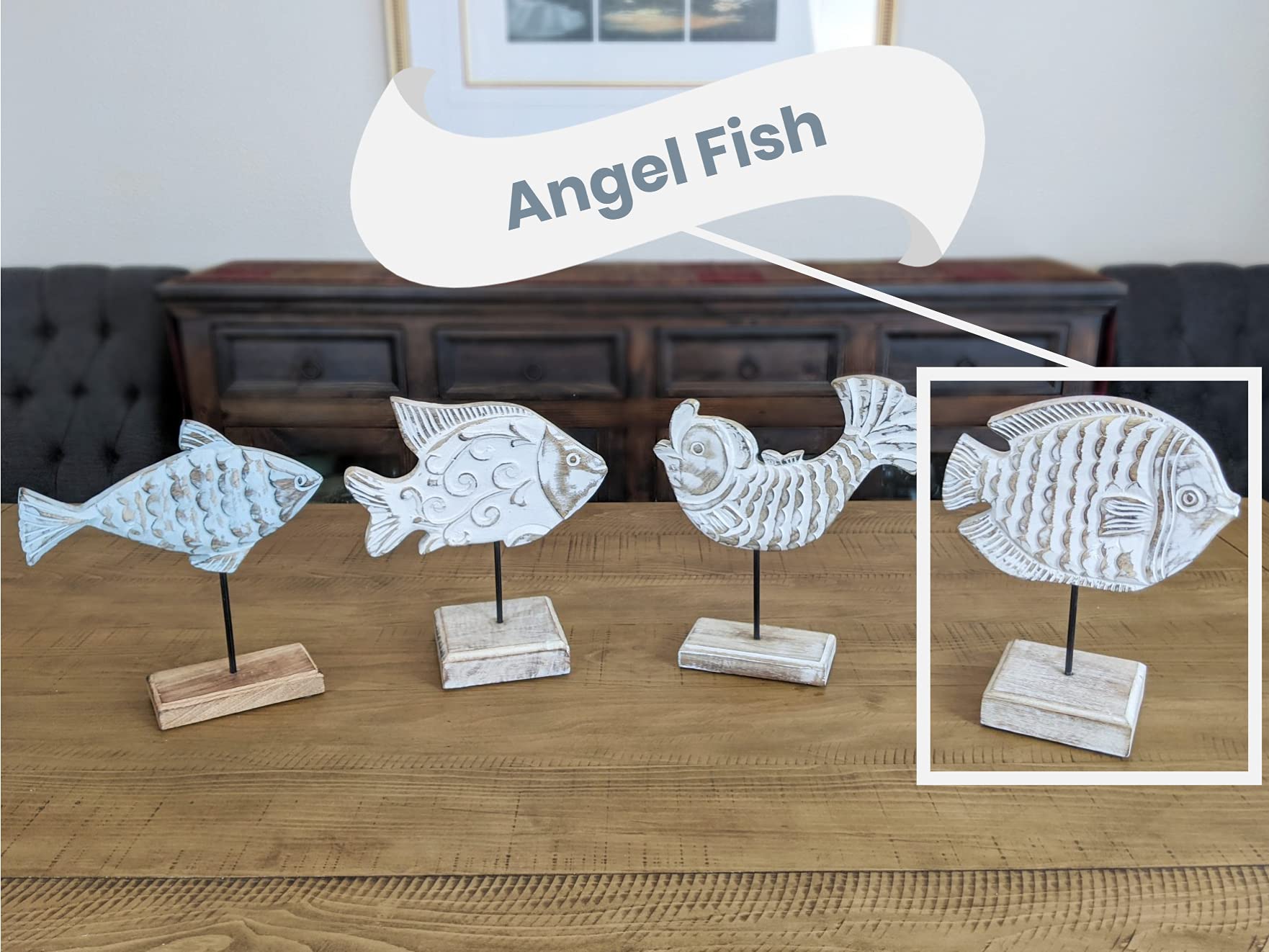 Handmade Wooden Angel Fish Sculpture with Base Stand - Whitewashed Rustic Home Decor for Beach House, Office & Living Room | Nautical Centerpiece for Table, Shelf & Mantel Decorations | Perfect Gift for Sea Lovers & Coastal Interior Design
