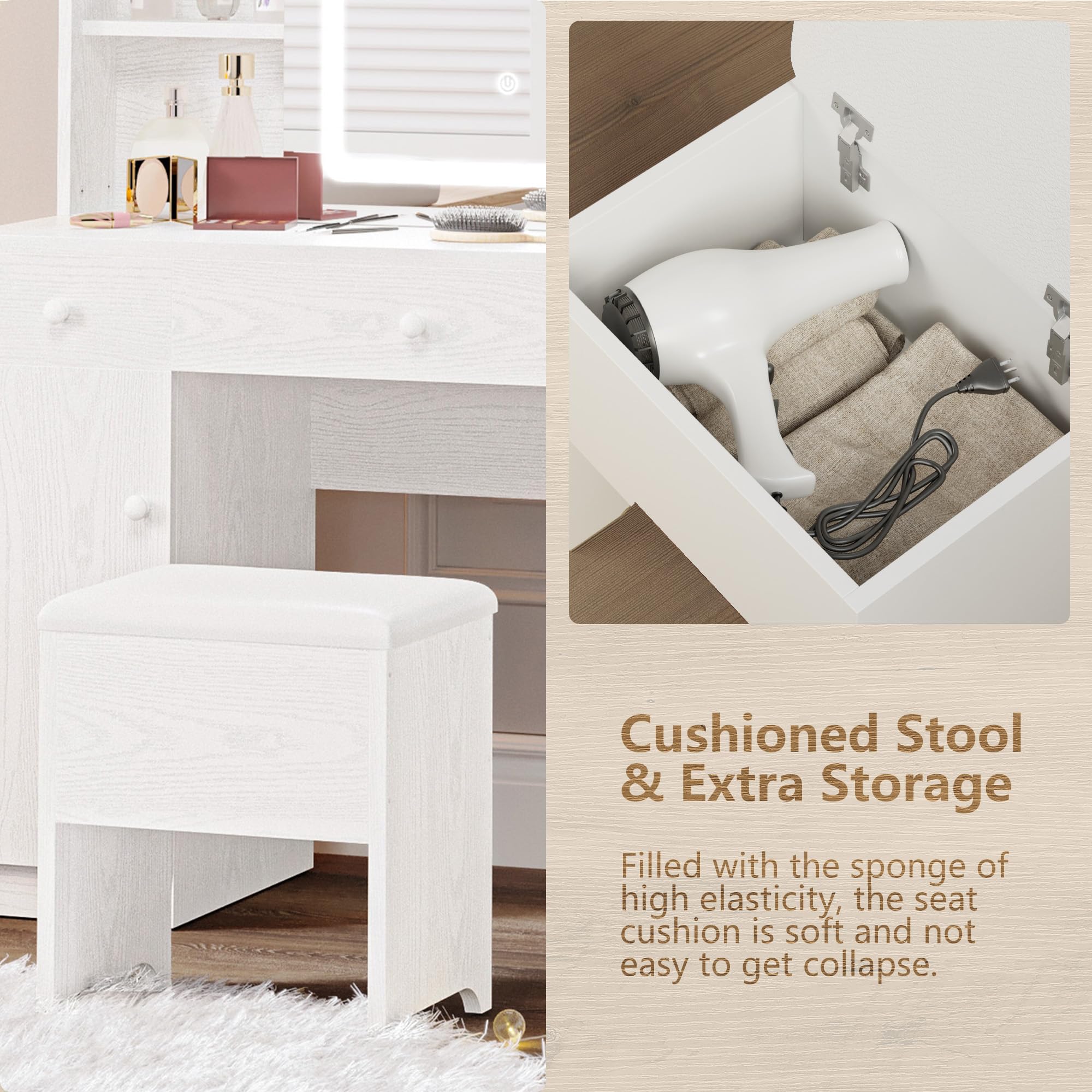 IRONCK Industrial Style White Vanity Desk Set with Large LED Lighted Mirror & Power Outlet - 7 Drawers Makeup Dressing Table with Storage Bench for Bedroom | Perfect for Makeup Application, Hair Styling & Home Decor