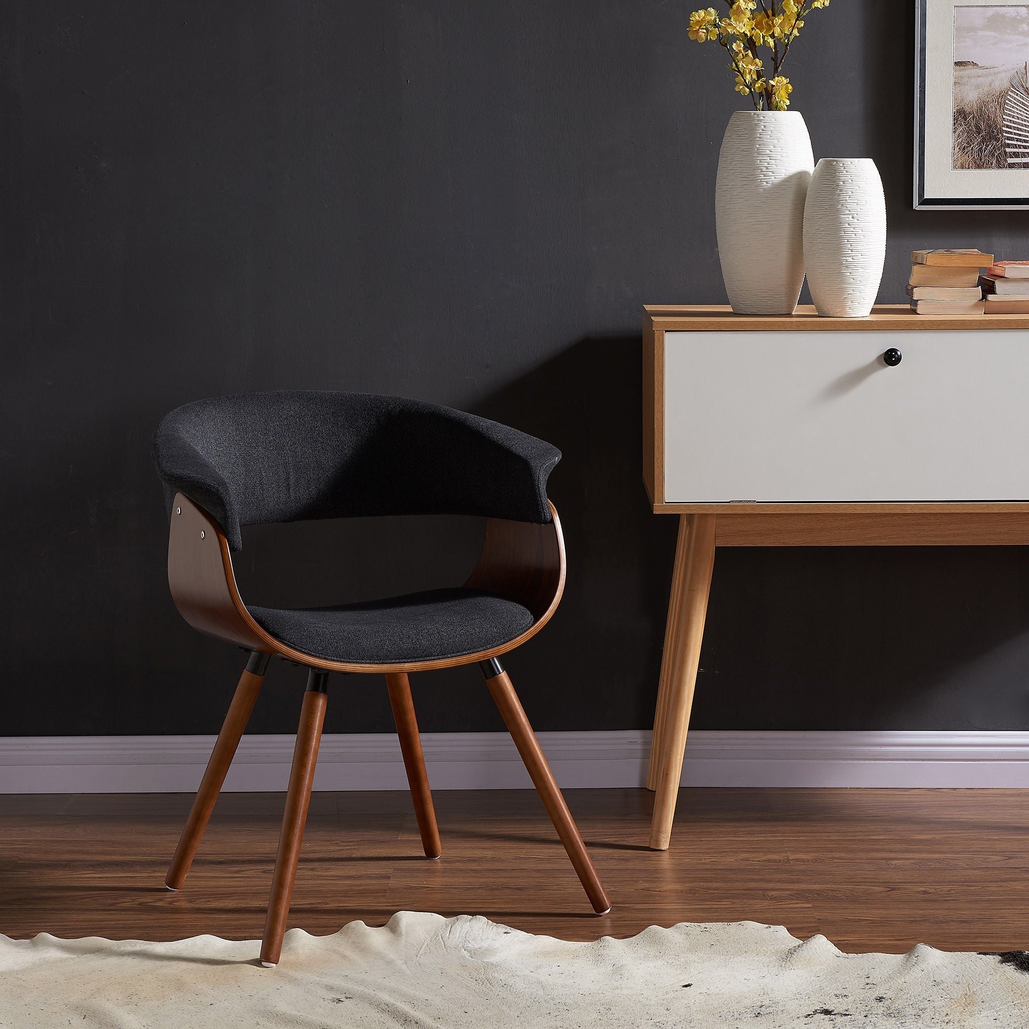 Stylish Charcoal Grey Fabric & Bent Wood Accent Chair - Holt Modern Lounge Chair for Living Room, Bedroom, or Office Decor