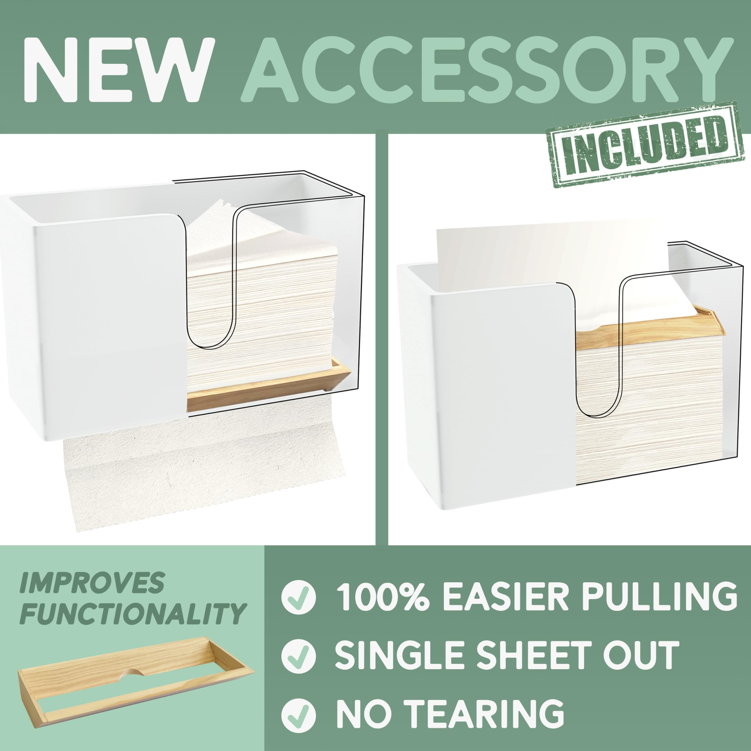 Premium Bamboo Paper Towel Dispenser - Wall Mount & Countertop Holder for C-Fold/Z-Fold/Tri-Fold Towels - Removable Top Tray for Kitchen, Bathroom & Commercial Use - Eco-Friendly White Towel Organizer - Perfect for Restaurants, Offices & Home Decor