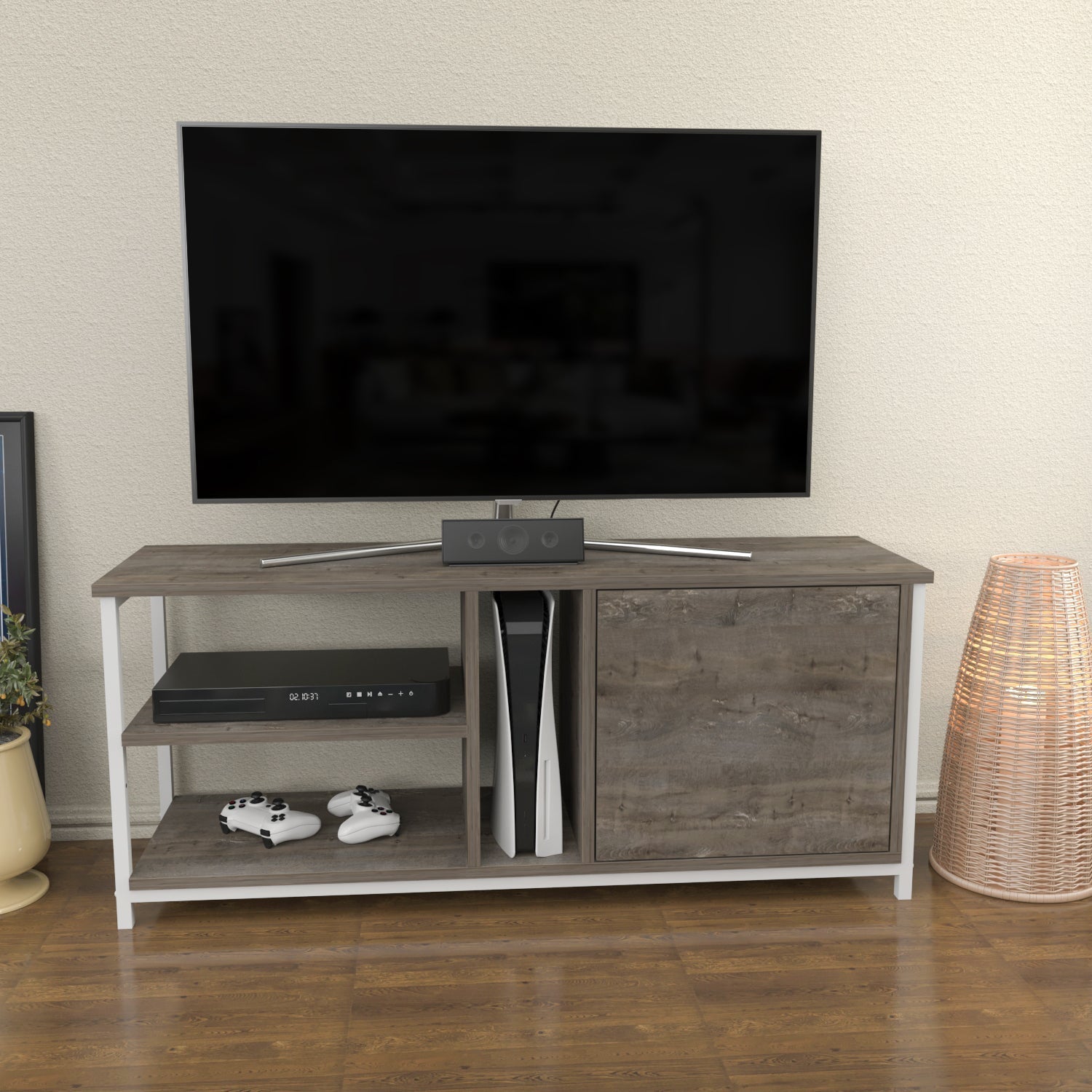 Modern TV Stand with Storage Shelf - Sturdy Wooden Entertainment Center for Living Room, Bedroom - Fits Flat Screen TVs up to 65 inches - Perfect for Home Theater Setup and Space Saving Organization