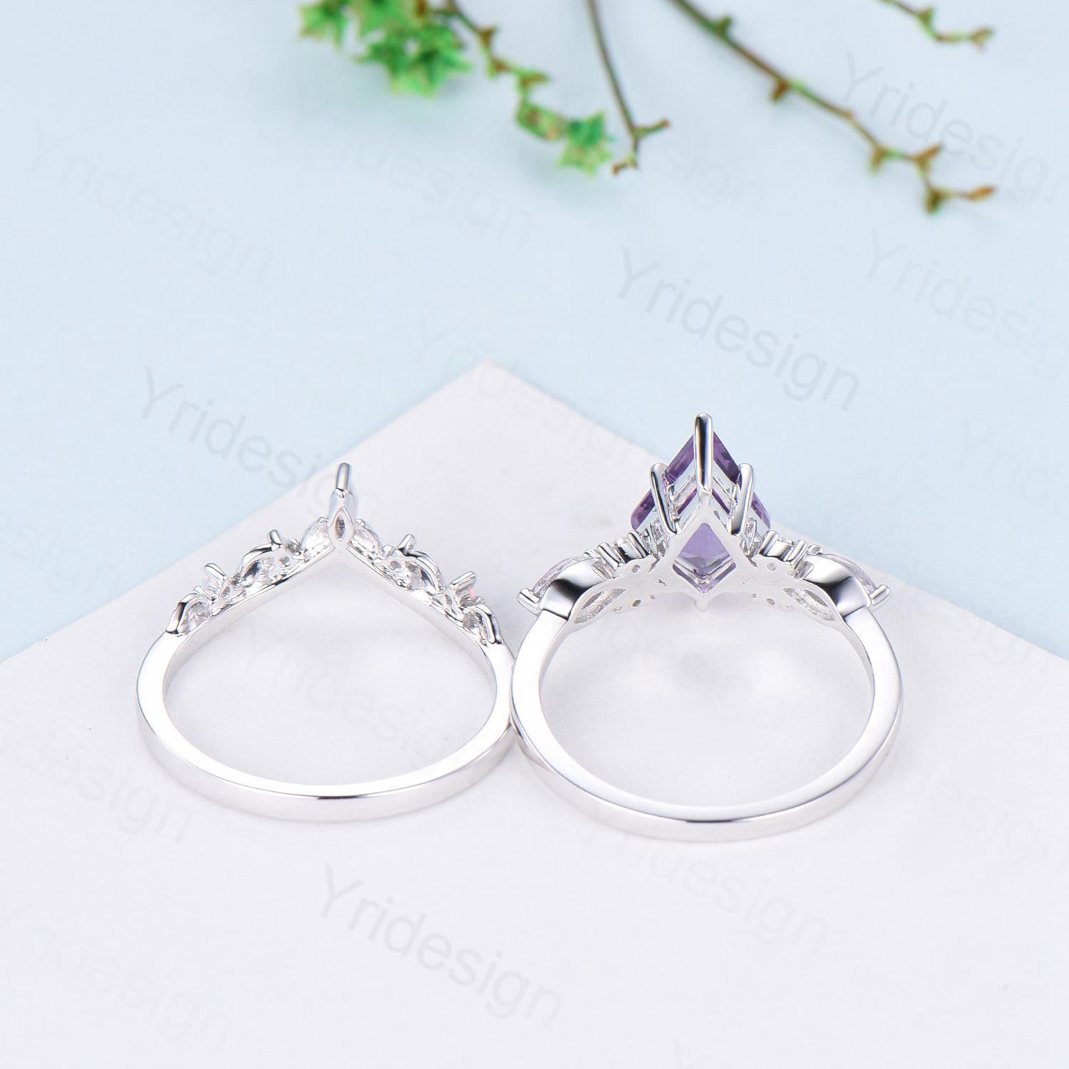 1.5CT Kite Cut Amethyst Ring Set for Women - Marquise Lavender Amethyst Engagement & Wedding Ring with Opal Leaf Stacking Band - Birthstone Jewelry for Anniversary, Valentine's Day Gift