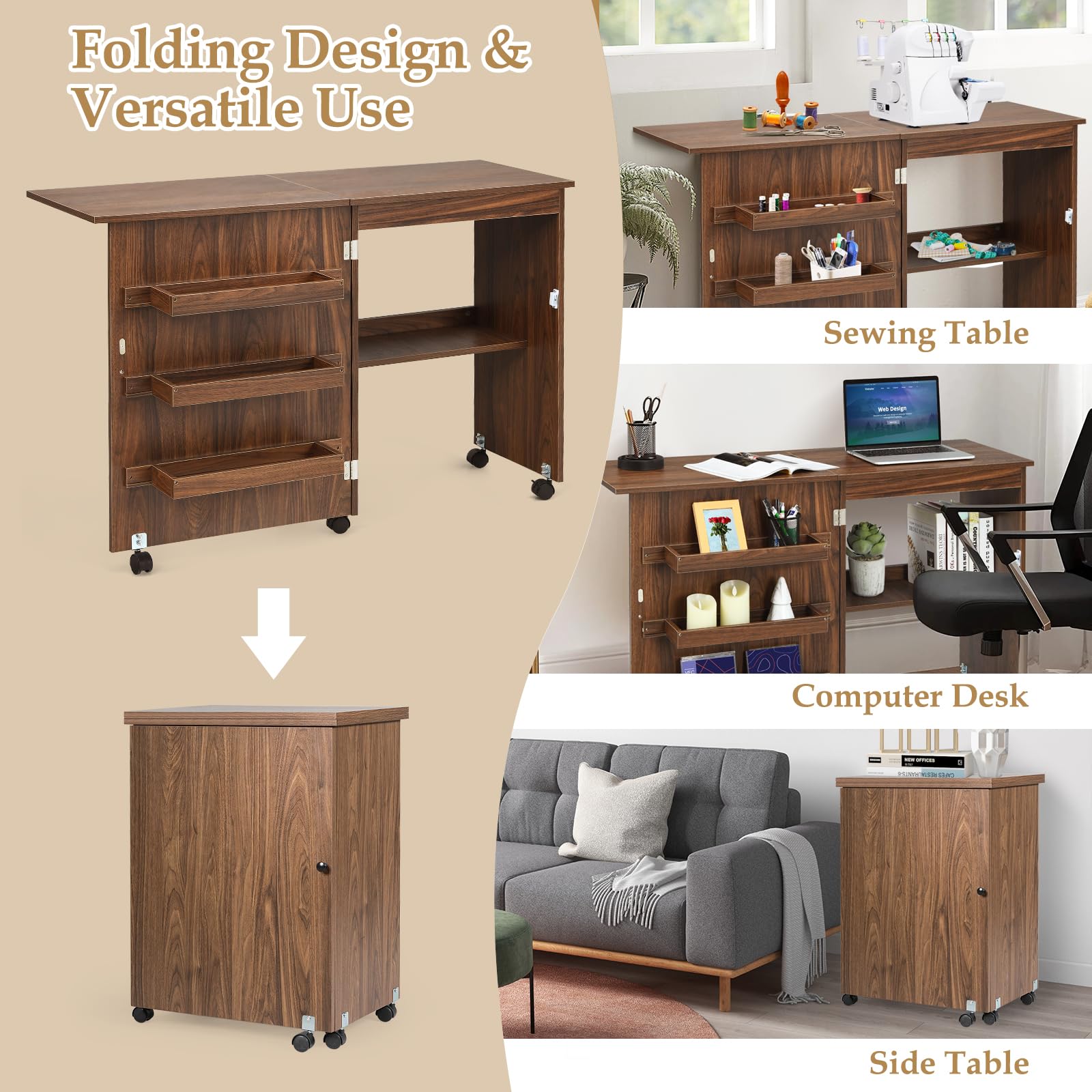 HOMGX Foldable Sewing Table with Storage - Multifunctional Craft Desk with Locking Wheels & Shelves - Space Saving Compact Design for Sewing, Quilting & DIY Projects - Brown Craft Station (16