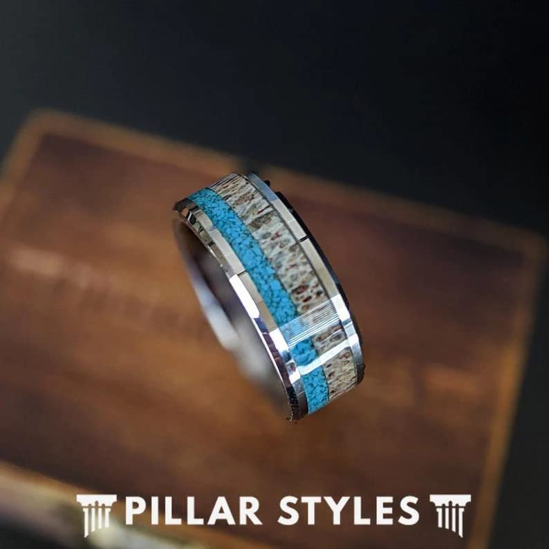 Men's Silver Turquoise Antler Wedding Band - 8mm Rustic Tungsten Ring with Beveled Edges - Unique Anniversary Gift for Him - Perfect for Outdoor Enthusiasts & Nature Lovers