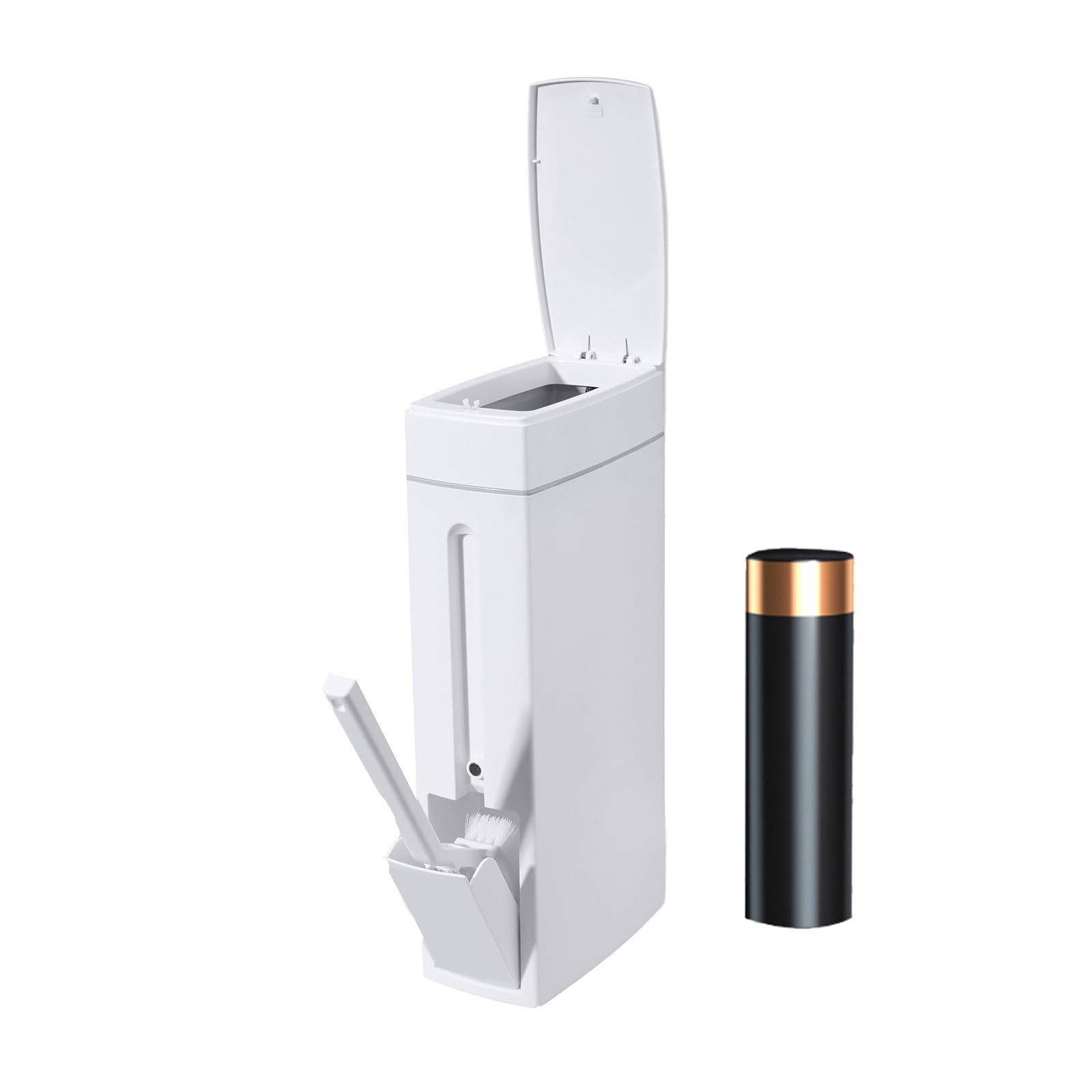 Small Bathroom Trash Can with Lid - Slim Rectangular Waste Bin with Built-in Brush Holder & Garbage Bag - Perfect for Bathroom, Kitchen, Office & Small Spaces