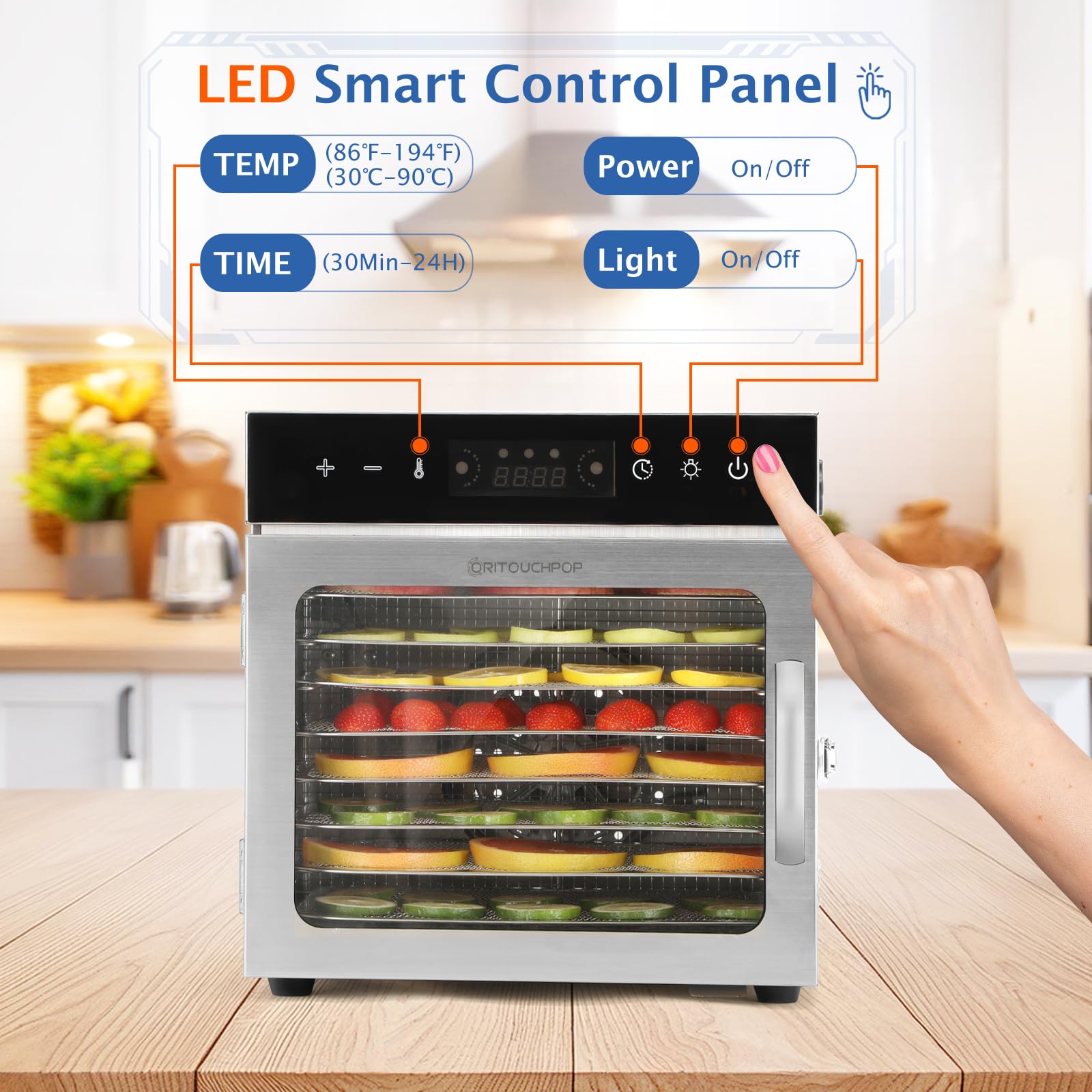 8-Tray Stainless Steel Food Dehydrator with Precise 194°F Temperature Control & Touch Timer - Perfect for Making Beef Jerky, Dried Fruits, Dog Treats, Herbs, Veggies & Healthy Snacks - Ideal for Home Kitchen, Camping & Meal Prep