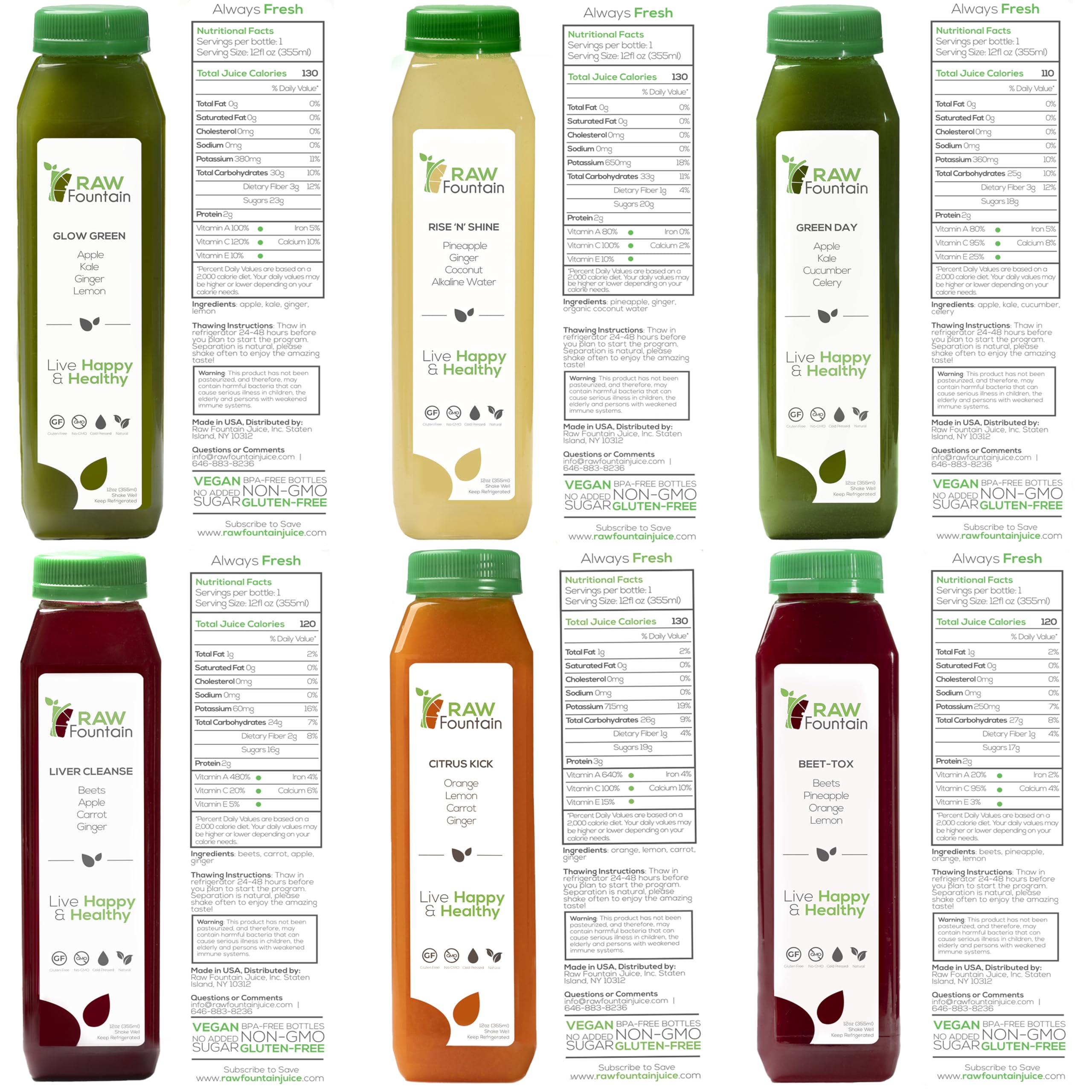 Raw Fountain 3-Day Juice Cleanse Detox - All Natural Cold Pressed Juices for Body Reset & Healthy Diet Jumpstart (18 Bottles 12oz + 3 Ginger Shots) | Perfect for Post-Holiday Detox, Weight Management & Energy Boost