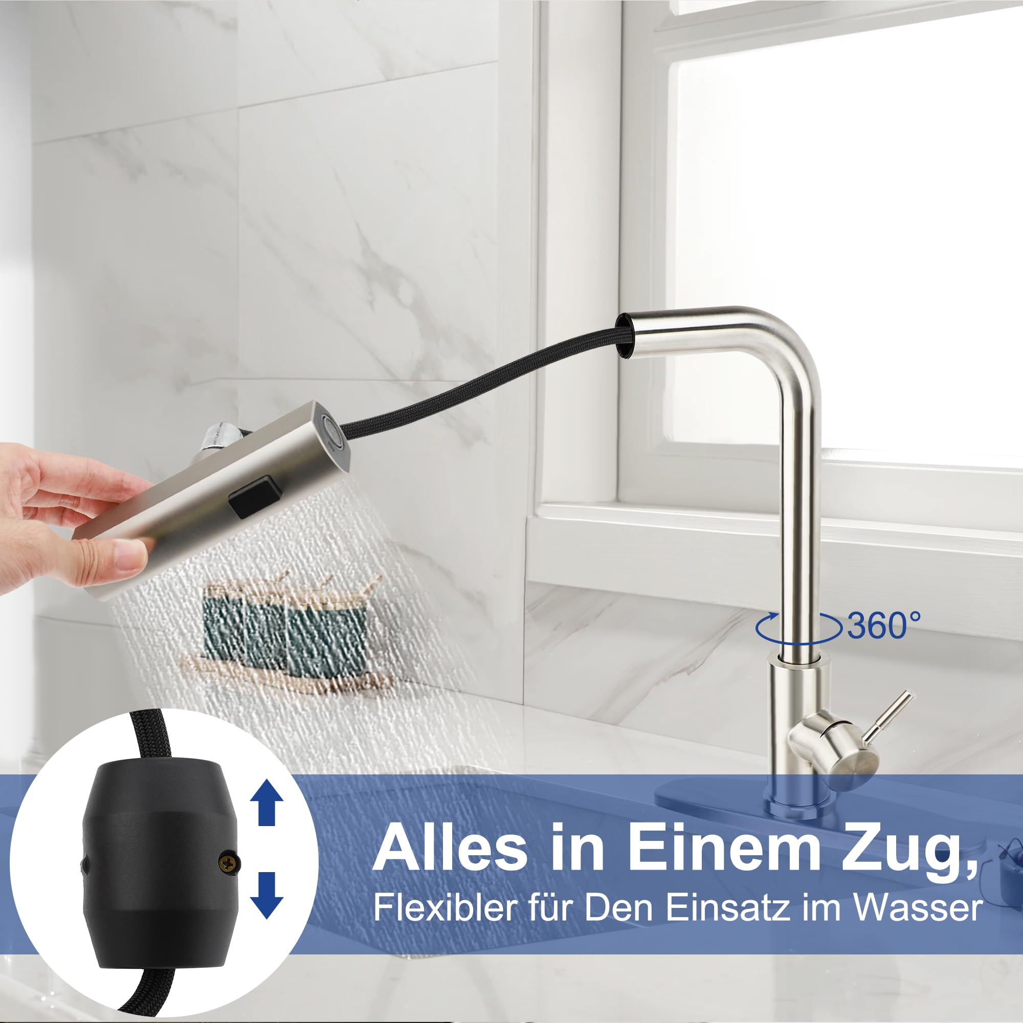MEKOTRIN 360° Rotatable Stainless Steel 304 Kitchen Waterfall Tap with 3 Jet Types, Splash-proof Mixer Tap for Modern Sink Design, Ideal for Home and Commercial Kitchens