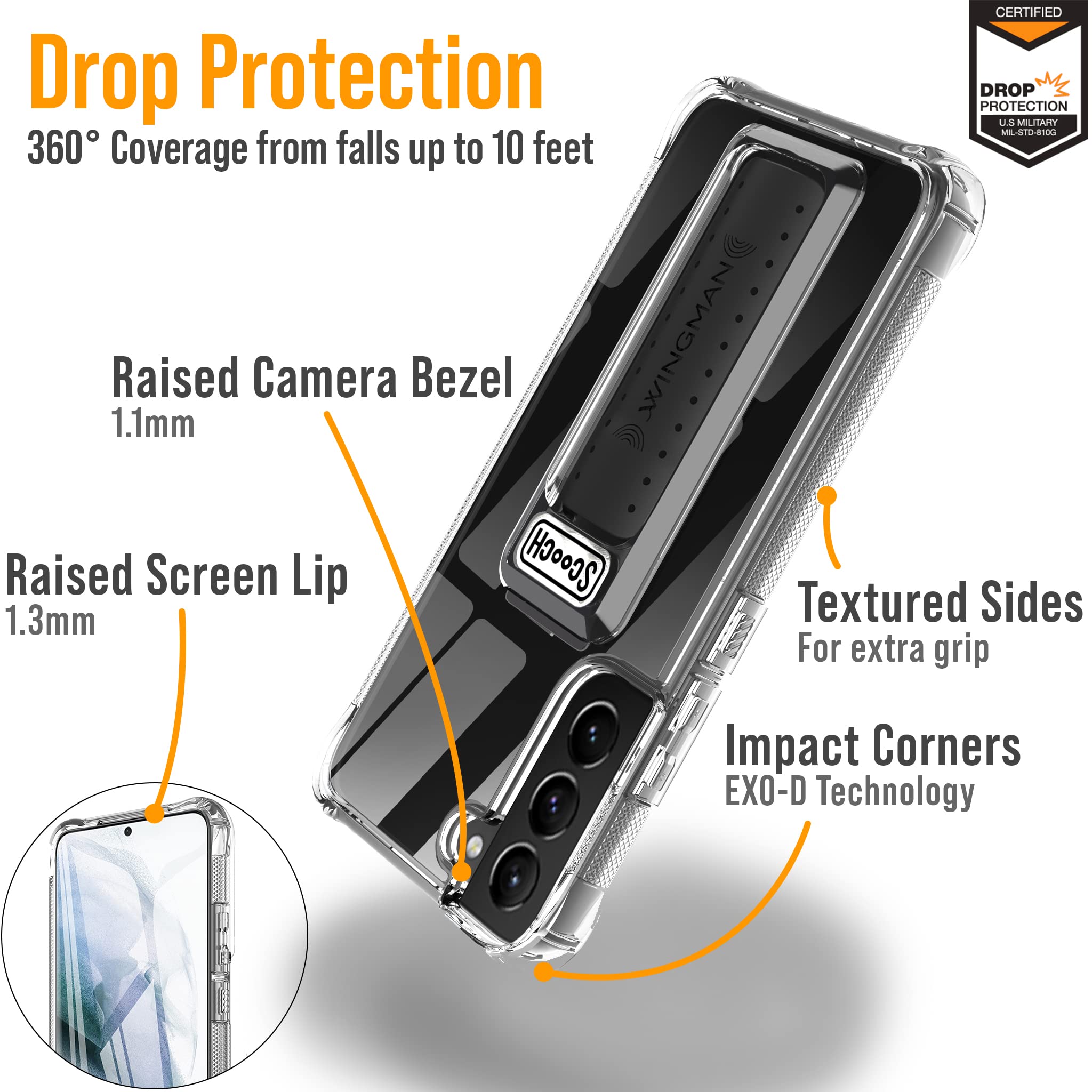 Scooch Wingman Case with Pop Out Car Mount, Grip, and Kickstand for Samsung Galaxy S22 [10 ft Drop Protection] - Compact Magnetic Car Mount & Phone Holder for Safe Driving and Hands-Free Use