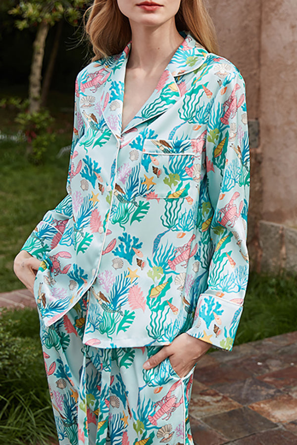 Underwater World Printed Long Sleeve Two Piece Pajama Set for Women - Soft Cotton Sleepwear for Home, Lounge & Relaxation