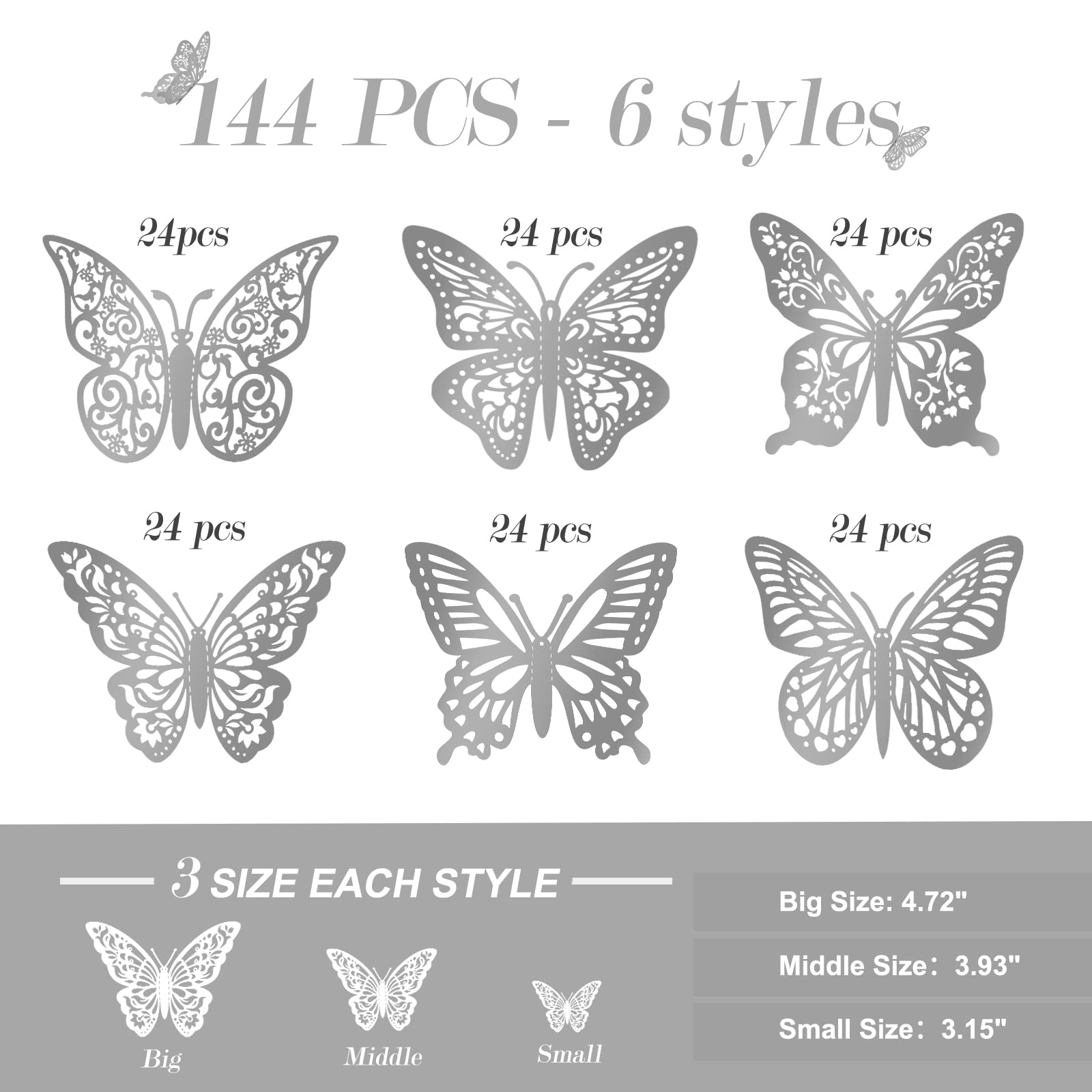 144Pcs 3D Butterfly Wall Stickers - 6 Styles & 3 Sizes Removable Decals for Birthday Party Decor, Kids Room, Wedding, Cake Toppers - Silver Metallic Home Decor for Bedroom, Nursery, Living Room Wall Art