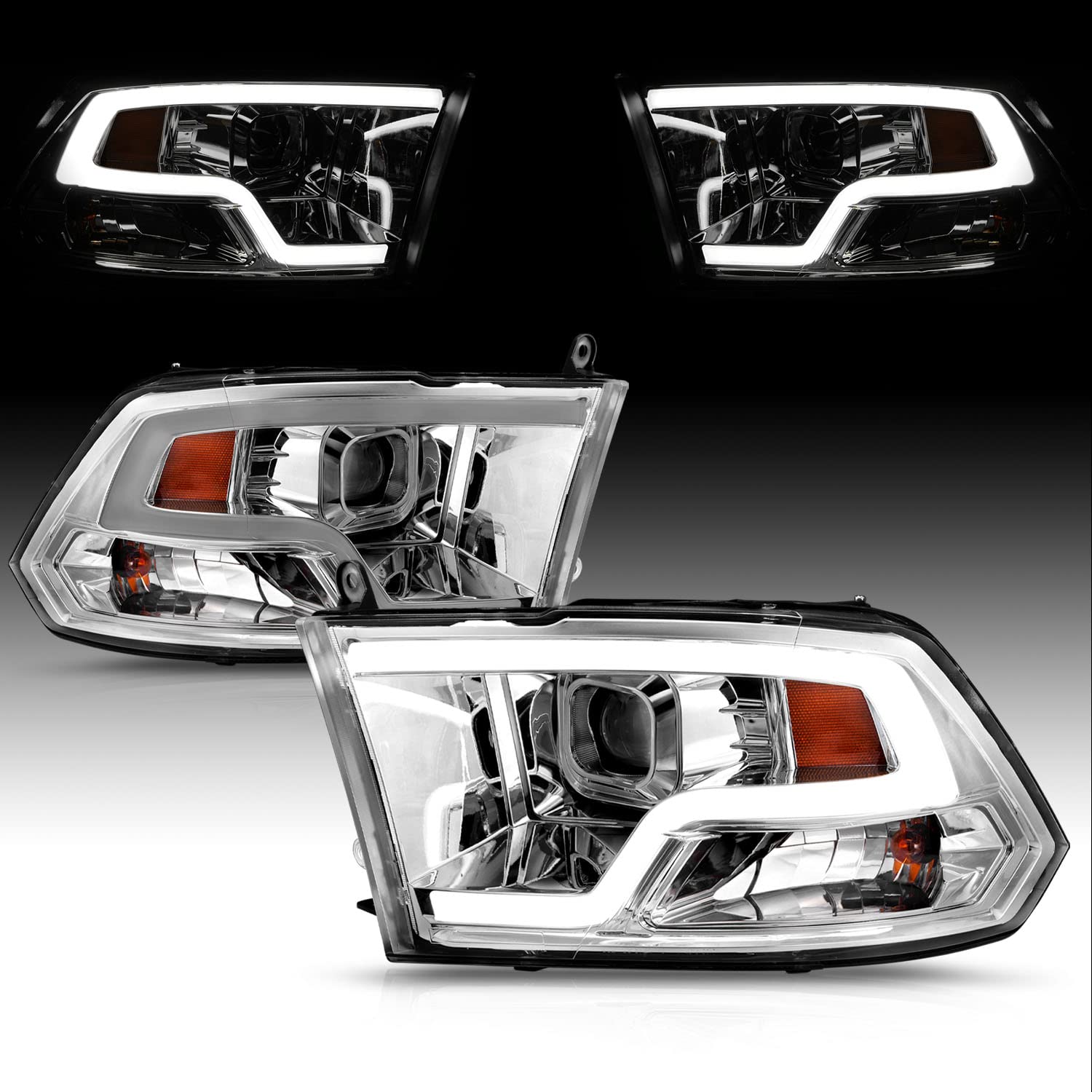 AmeriLite LED Tube Chrome Square Projector Headlights Assembly for 2009-2019 Dodge Ram 1500 2500 3500 - Left & Right Side - Upgrade Your Truck Lighting for Night Driving & Off-Road Adventures