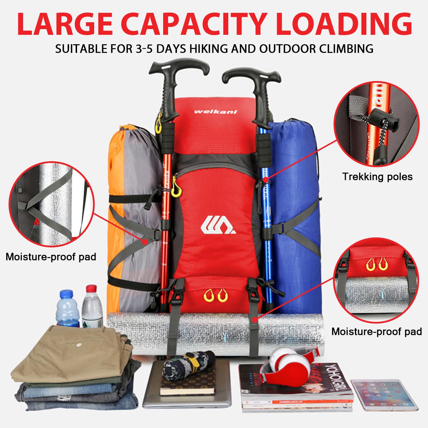 **50L Lightweight Hiking Backpack for Men & Women - Waterproof Camping Backpack with Adjustable Straps for Trekking, Hunting & Outdoor Adventures (Red) - Perfect for Day Trips, Travel & Sports**