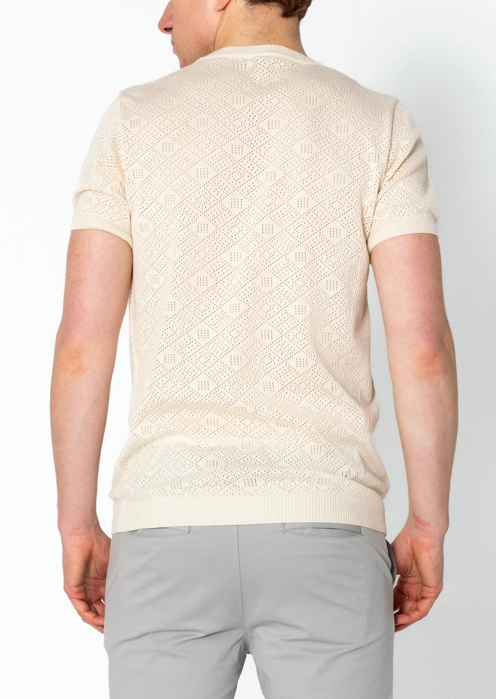 RNT23 Geometric Crochet T-Shirt in Beige - Stylish Boho Top for Women, Perfect for Casual Outings & Summer Fashion