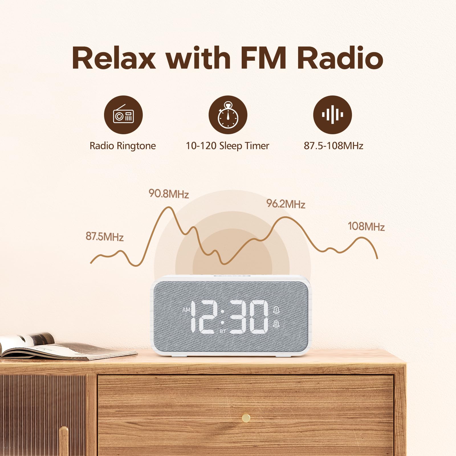 ANJANK Wooden Digital Alarm Clock with Bluetooth Speaker, Wireless Charging for iPhone & Samsung, Dual Alarm, Auto Time Sync, Adjustable Brightness - Perfect for Bedroom, Office, Nightstand & Home Decor