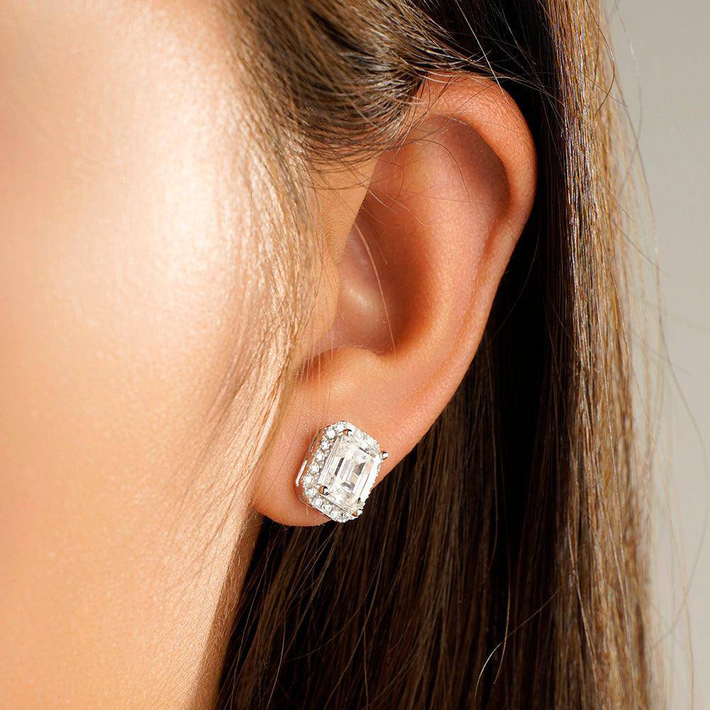 4.14 Carat Emerald Cut Moissanite Halo Stud Earrings in 14K Gold - Elegant Wedding, Anniversary & Gift Jewelry for Women