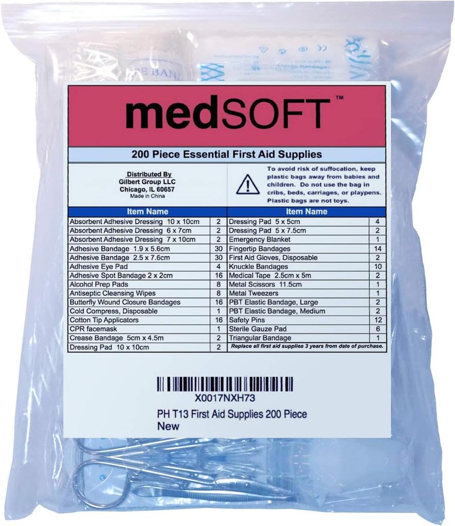 200-Piece First Aid Kit Refill - Extra Replacement Supplies & Restock Pack for Emergency, Travel, Home, and Workplace Safety