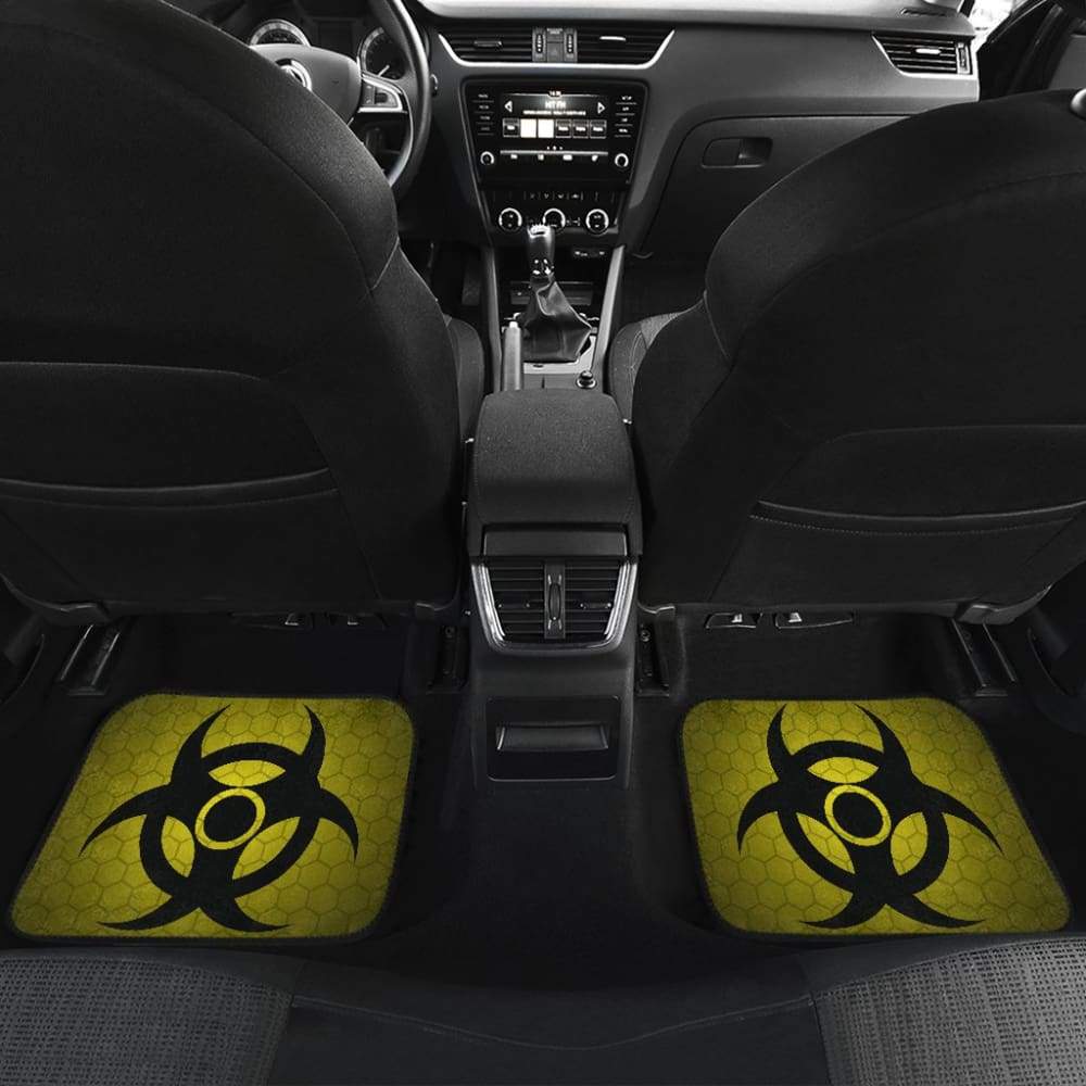Black Biohazard Warning Car Floor Mats with Yellow Background - Non-Slip Automotive Floor Liners for Trucks, SUVs & Sedans - Perfect for Halloween Decor, Cosplay & Themed Car Accessories