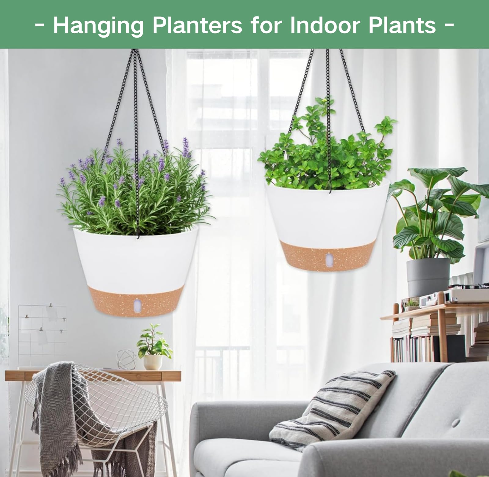 10 Inch Hanging Planters for Indoor Plants - 2 Pack Self Watering Flower Pots with Drainage Holes & Removable Tray - Outdoor Hanging Baskets for Balcony, Patio, Garden Decor - Perfect for Pothos, Ferns, Spider Plants