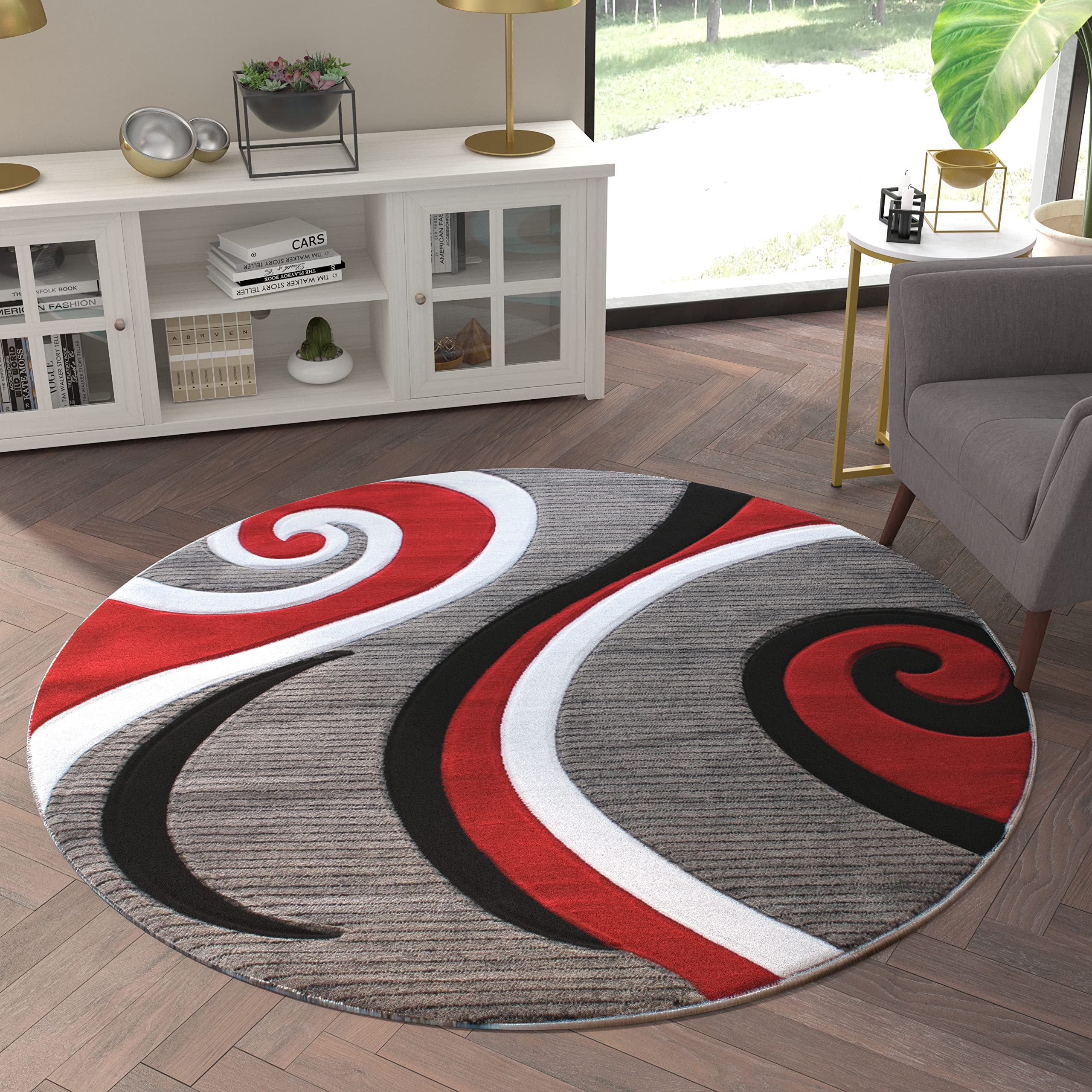 EMMA + OLIVER Olefin Accent Rug - 5x5 Round Contemporary Swirl Pattern Rug in Red - 3D Sculpted Textured Design with Jute Backing & Stain Resistance - Perfect for Living Room, Bedroom or Office Decor