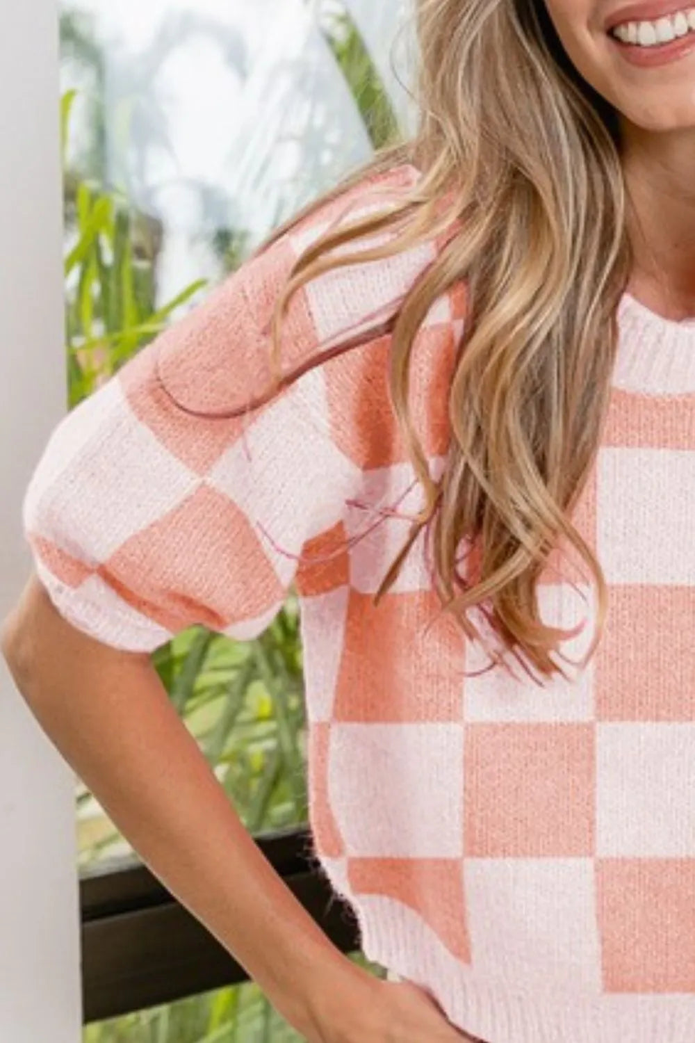 BiBi Check Pattern Short Puff Sleeve Sweater Top for Women | Vintage Inspired Knit Pullover | Perfect for Fall Outfits, Date Nights & Casual Wear