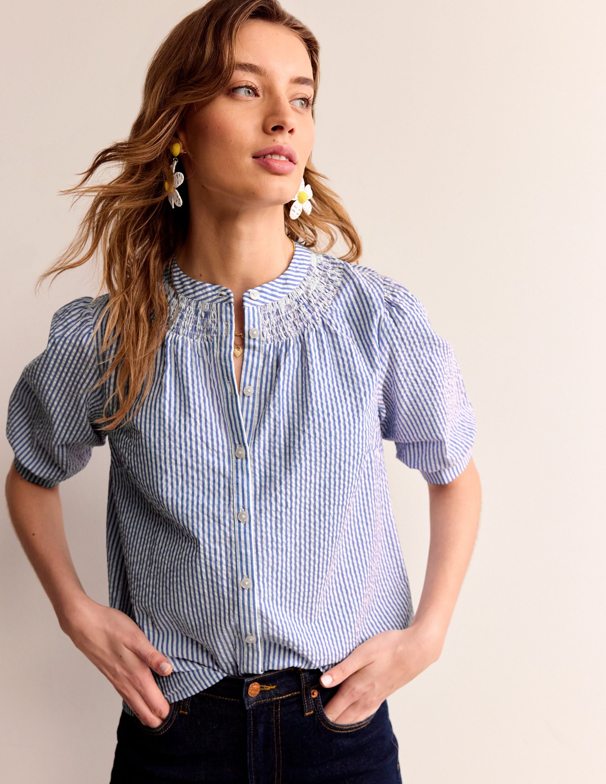 Ada Seersucker Top in Bright Blue & Ivory - Lightweight Summer Blouse for Women | Perfect for Beach Outings, Picnics, and Casual Daywear