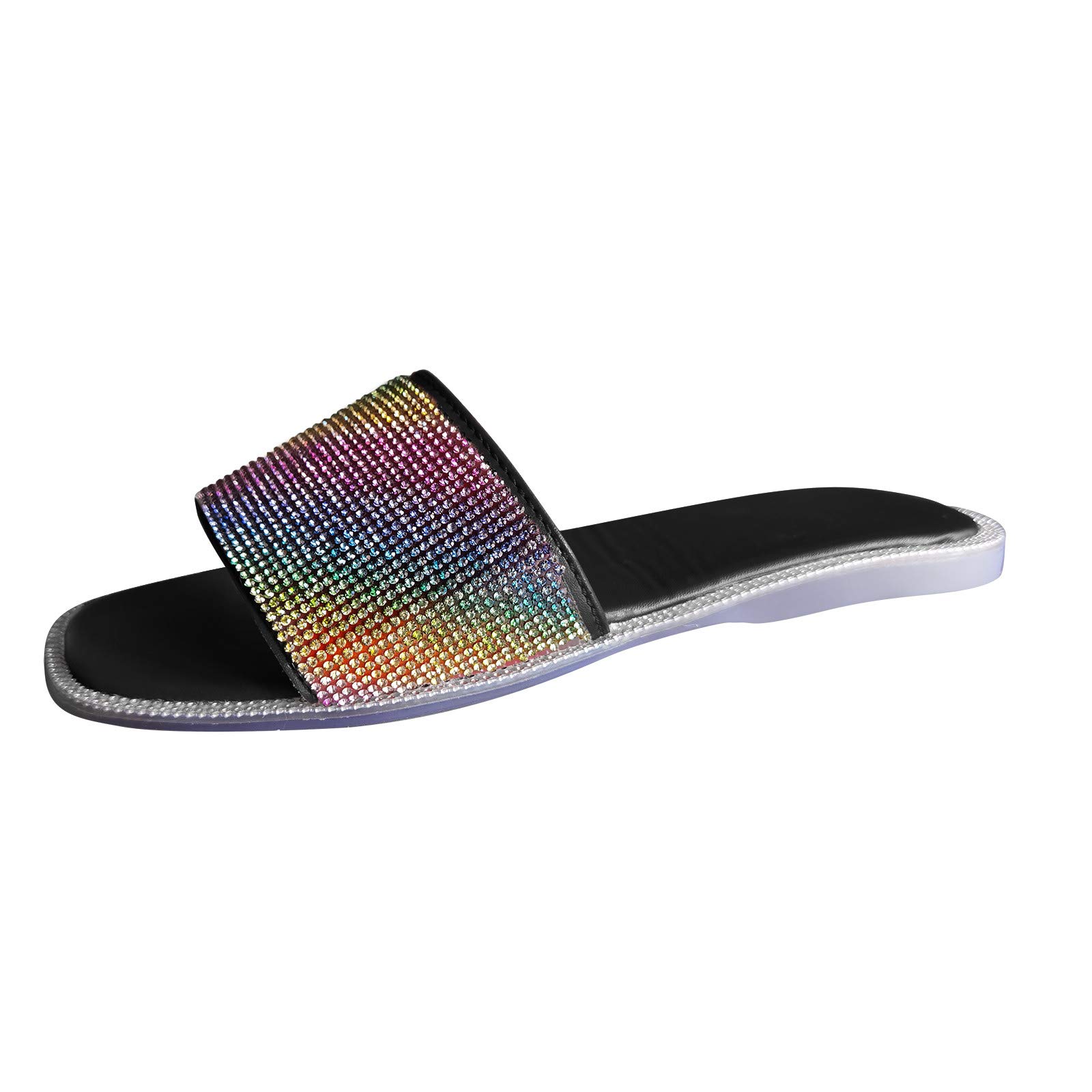 Women's Crystal Flat Round Toe Slides - Summer Rainbow Slippers for Indoor & Outdoor Wear - Comfortable House Shoes for Beach, Poolside, and Lounging at Home