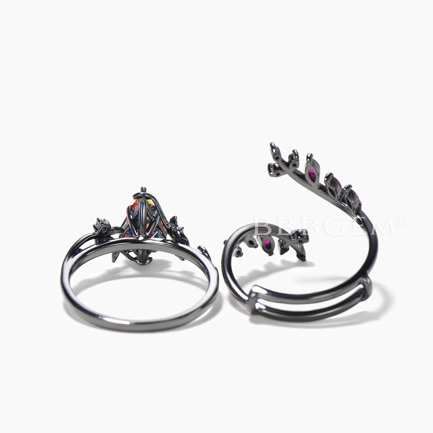 Twig Black Gold Bridal Set - Kite Cut Black Opal Leaf Engagement Ring with Ruby Band - Perfect for Weddings, Anniversaries & Romantic Gifts