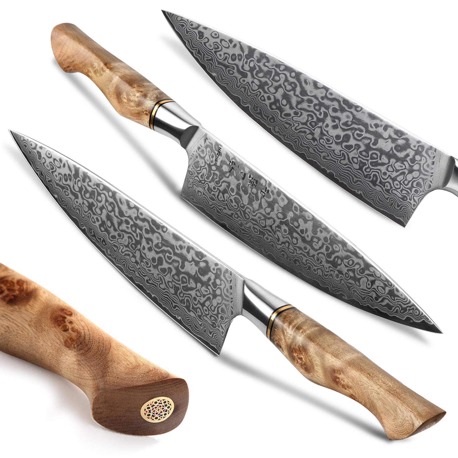 Premium Damascus Steel Kitchen Knives Set - Japanese Style Chef Knife, Utility Knife & Santoku Knife with Figured Sycamore Wood Handle - Perfect for Professional Chefs, Home Cooking & Gourmet Food Preparation