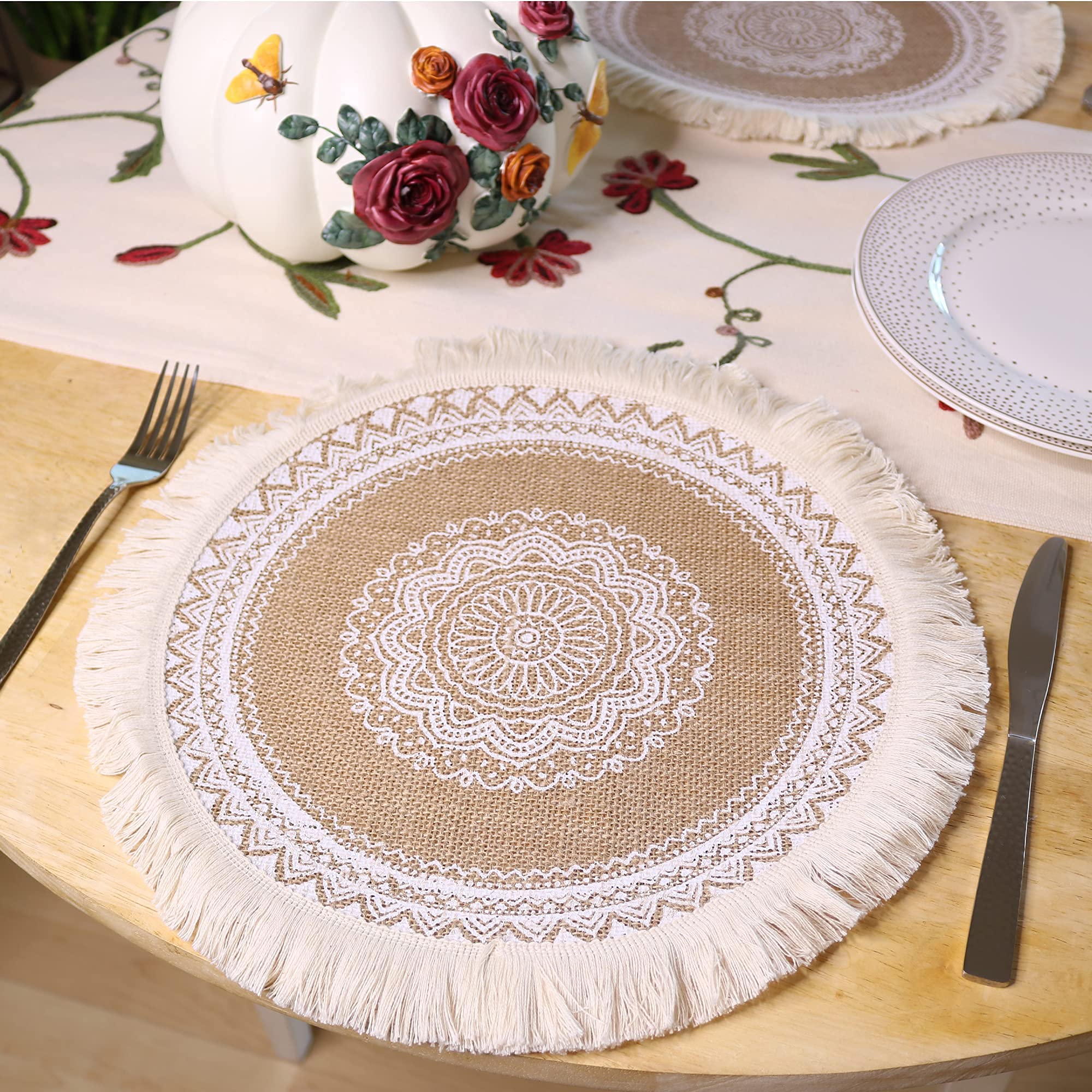 4-Pack Round Burlap Placemats with Tassels - 15