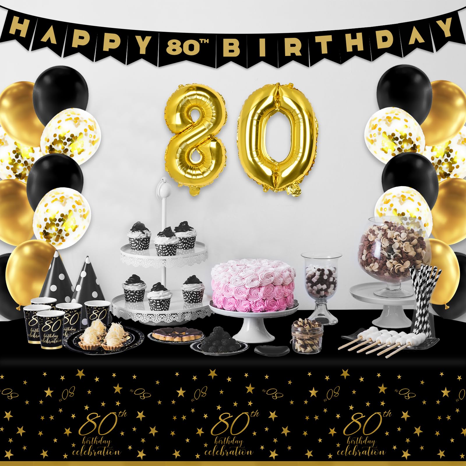 Gatherfun 80th Birthday Party Supplies Set - 25-Pack Disposable Paper Plates, Napkins, Cups, Cutlery & Tablecloth with Black & Gold Balloons & Banner Decorations for Men & Women | Perfect for Milestone Celebrations & Retirement Parties