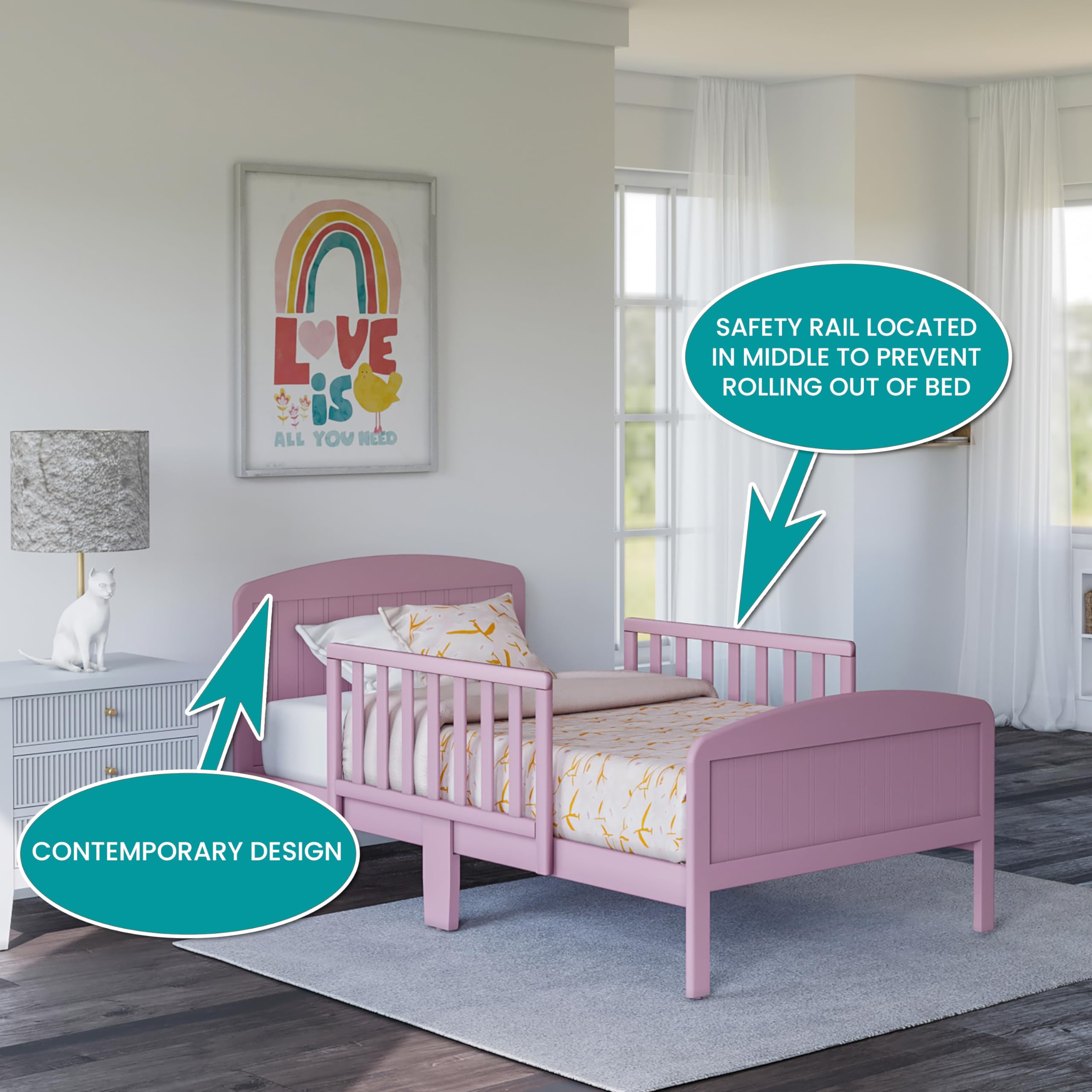 Harrisburg Toddler Bed - Solid Wood Modern Transitional Kids Bed with Side Rails & 2 Safety Guards | Fits Crib Mattress | Low Profile Design for Nursery & Children's Bedroom (Pink) - Perfect for Safe Sleep Transition from Crib to Big Kid Bed