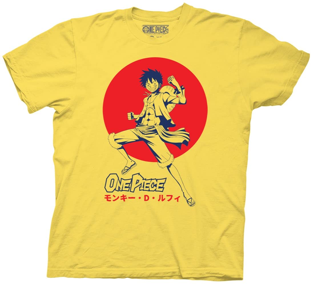 Ripple Junction One Piece Anime T-Shirt for Men - Monkey D. Luffy Japanese Flag Design Short Sleeve Crew Neck Yellow Tee - Perfect for Cosplay, Anime Conventions & Casual Wear