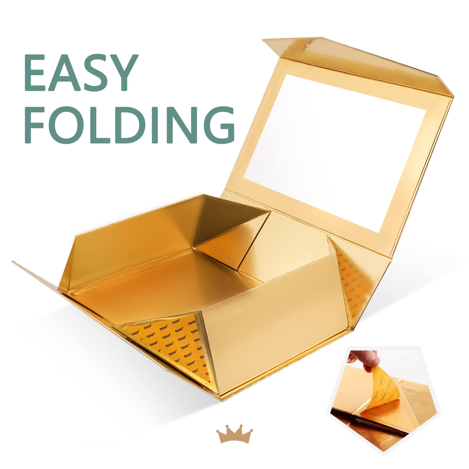 13.5x9x4.1 Inch Large Gold Gift Box with Clear Window - Magnetic Lid Bridesmaid Proposal Box Includes Ribbon & Card (Glossy Gold) | Perfect for Wedding Favors, Birthday Gifts & Special Occasion Presentations