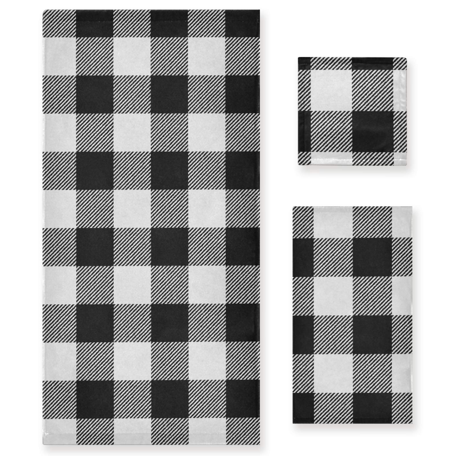 Qilmy Plaid Buffalo Women's Towel Set of 3 - Soft Absorbent Bath Towels for Face & Hands, Luxury Washcloths for Bathroom, Home & Shower (White and Black) - Perfect for Spa Days, Guest Bathrooms & Cozy Home Decor
