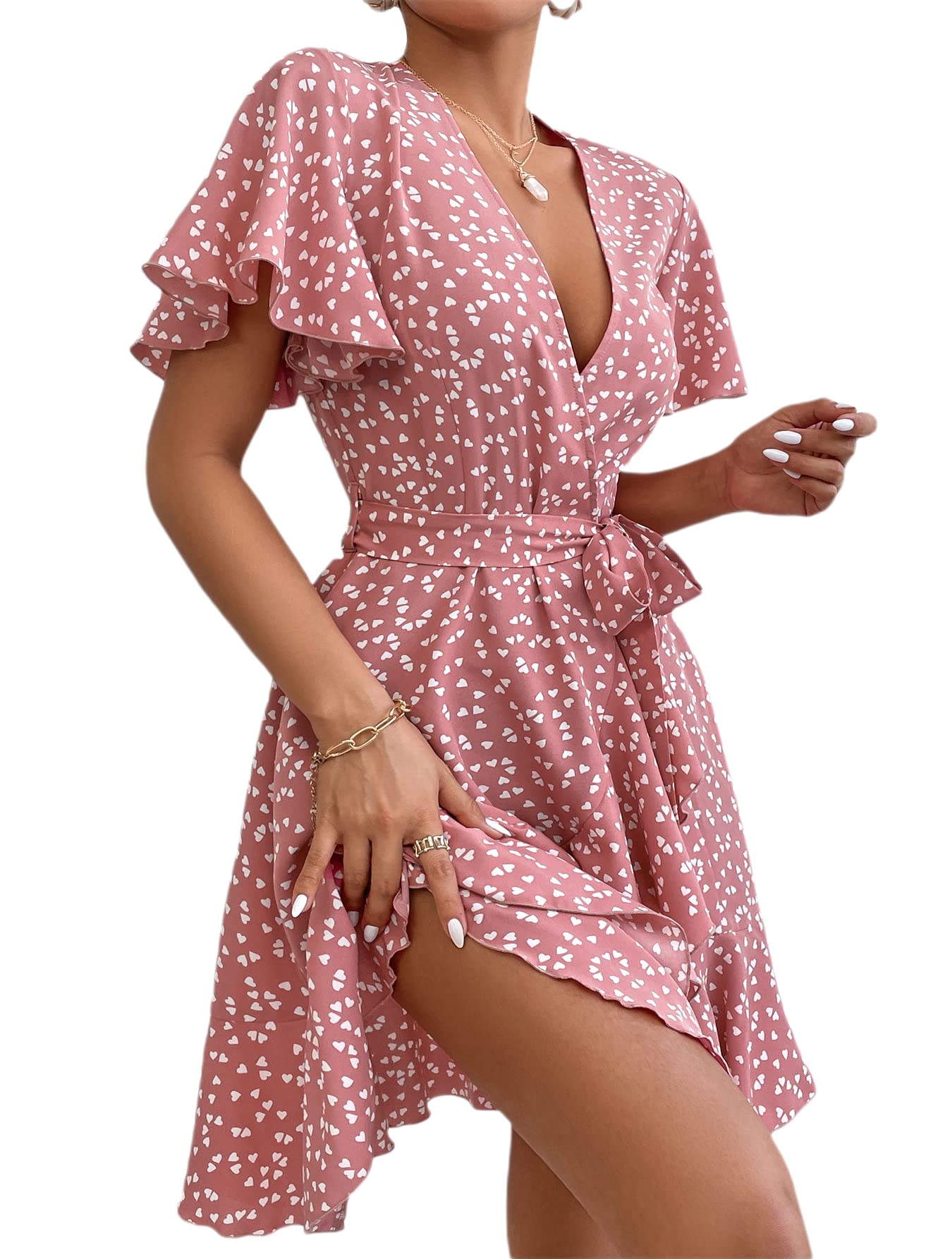 Verdusa Women's Butterfly Sleeve Deep V Neck Wrap Belted A-Line Mini Dress - Elegant Cocktail Party & Summer Wedding Guest Outfit