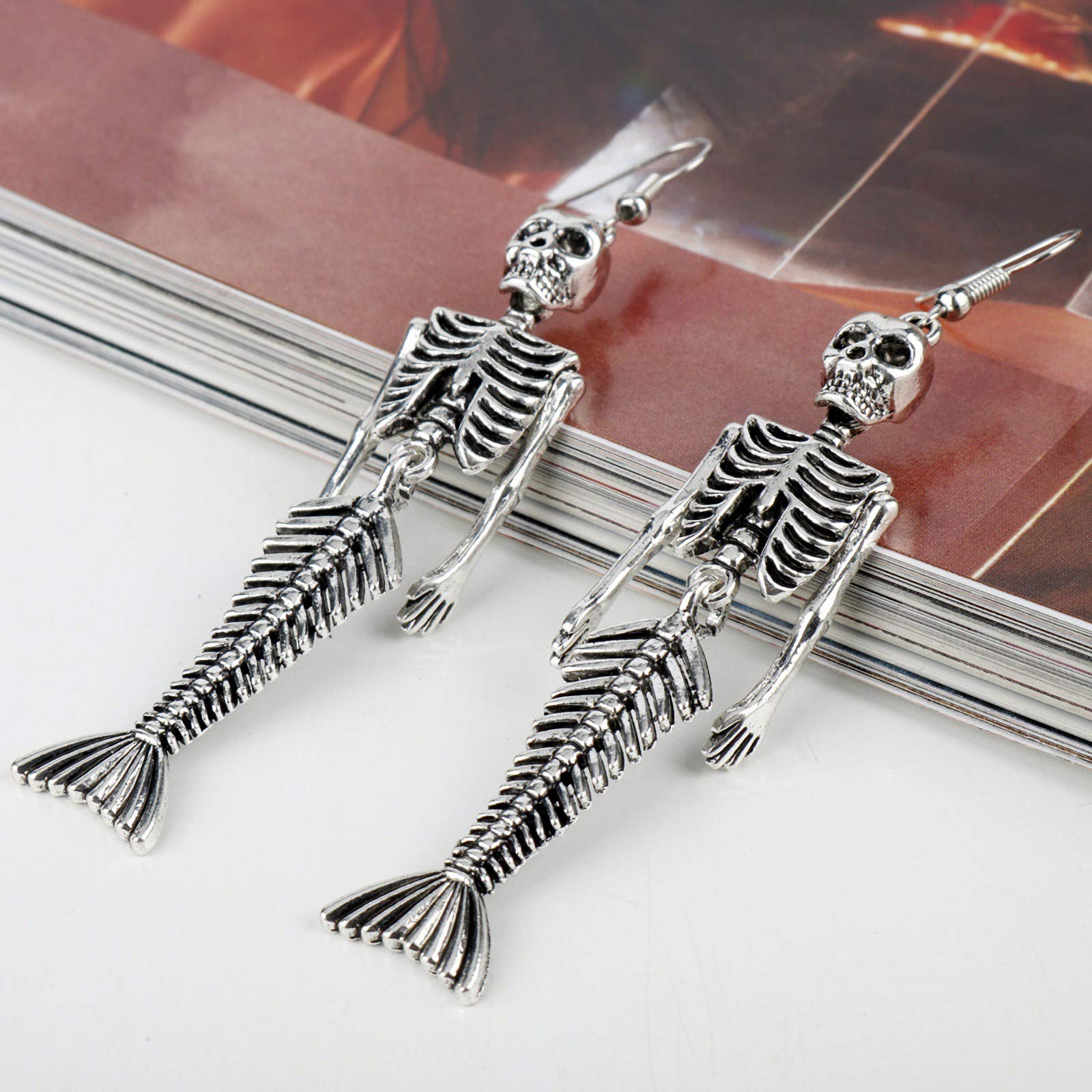 Vintage Silver Plated Human Skeleton Bones & Mermaid Skull Charm Dangle Earrings for Women & Men - Gothic Jewelry for Halloween, Cosplay, and Alternative Fashion