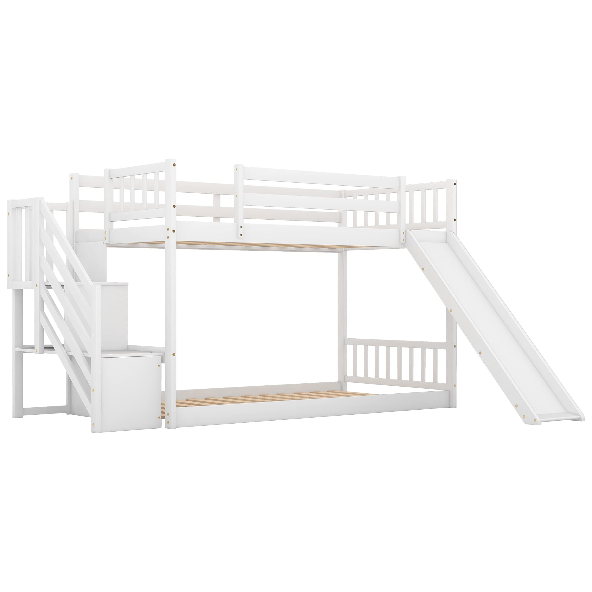 Harper & Bright Designs Twin Over Twin Low Profile Bunk Bed with Slide & Staircase - Solid Wood Kids Bunk Bed, No Box Spring Needed, White - Perfect for Small Rooms, Kids' Bedrooms & Sleepovers