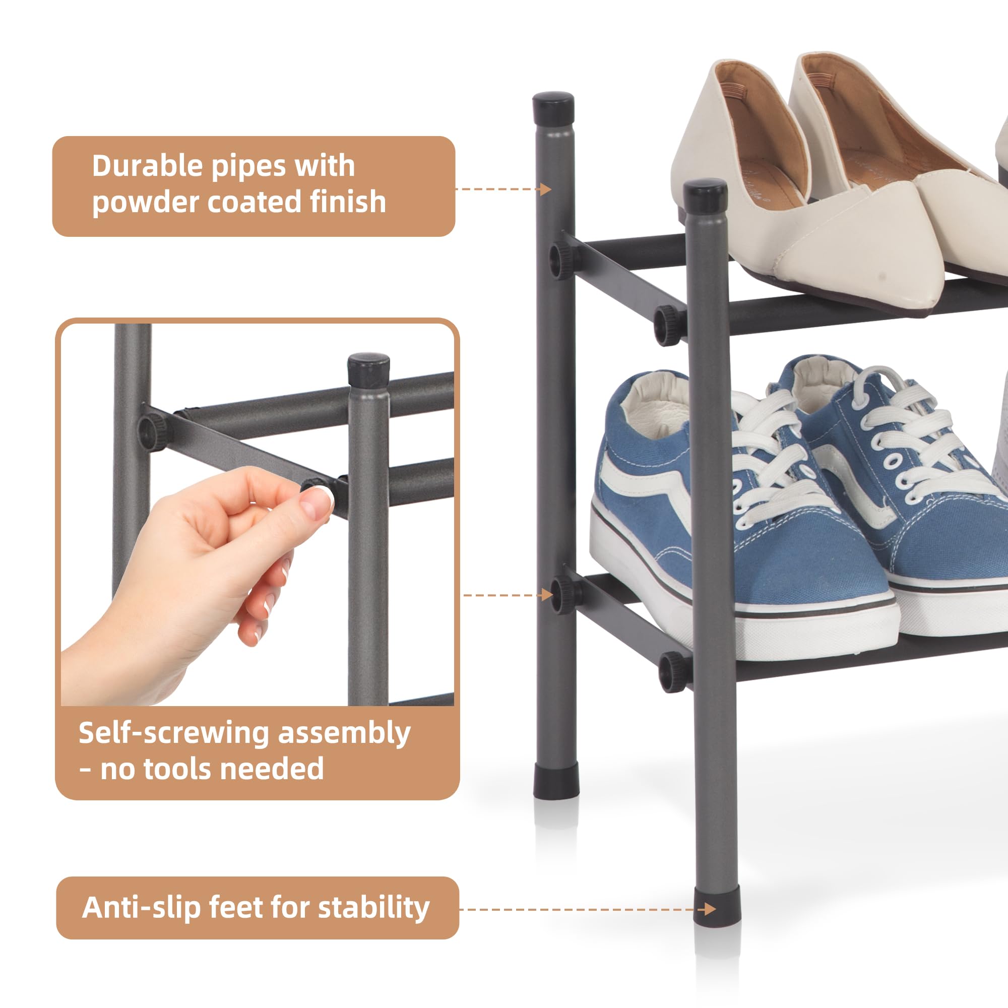 Expandable Shoe Rack Organizer - Stackable 2-Tier Metal Storage for Closet & Entryway