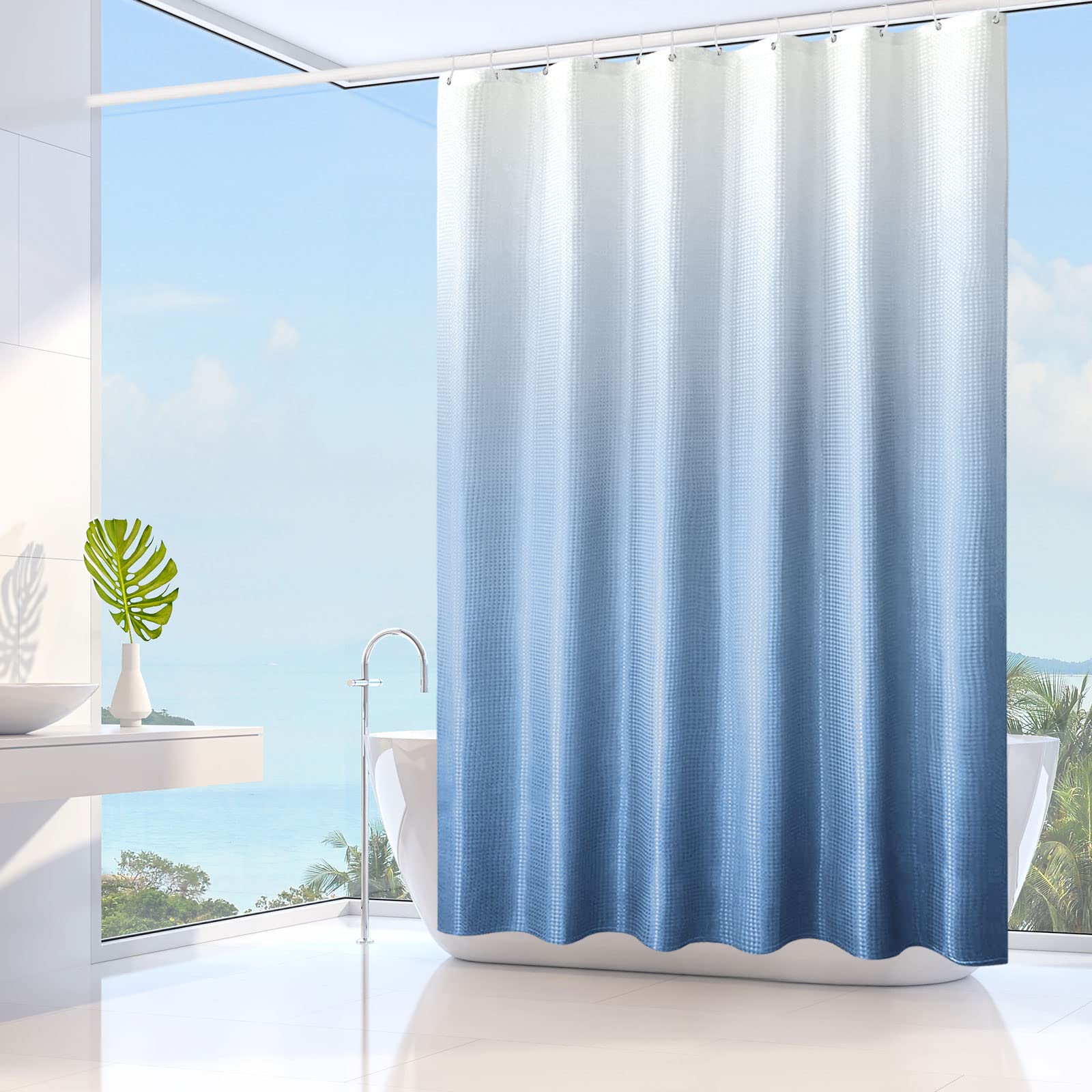 Gibelle Extra Long Shower Curtain 72x84 Inches - Blue Ombre Bathroom Shower Curtain with Hooks | Waffle Weave Fabric, Water Repellent & Machine Washable | Perfect for Tall Showers, Bath Tubs and Spa-Like Bathrooms